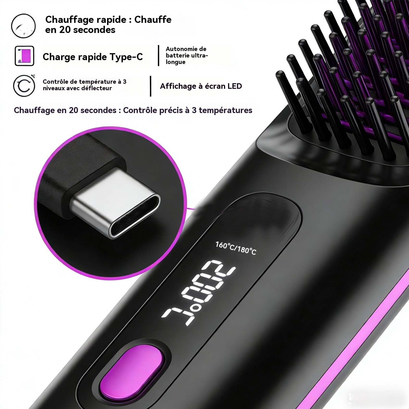 2026 Peigne Lissant Chauffant En CéRamique Sans Fil,Brosse Coiffante Pour Cheveux Courts,Cordless Ceramic Heated Hair Straightening Comb,Usb Rechargeable,3 Heat Settings & Led Screen (Black) - 4