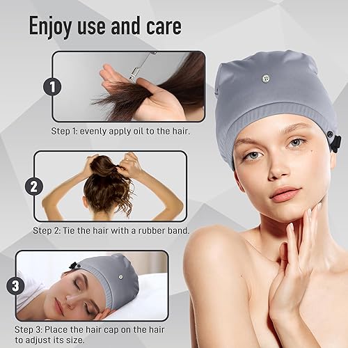 Vista 10 de Paquete de aceite de ricino para cabeza, gorro elástico y reutilizable, algodón orgánico para mujeres que duermen, doble capa impermeable kit