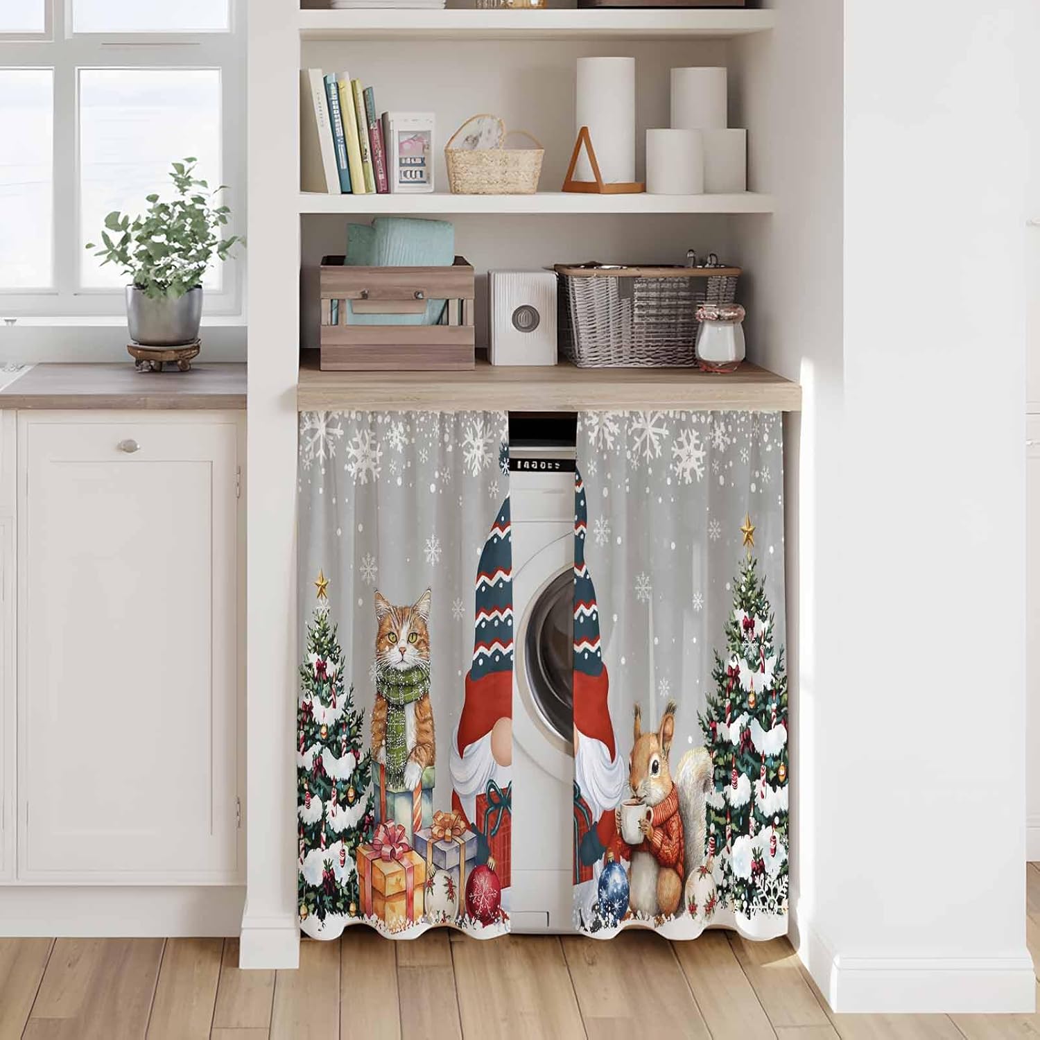 Grey Christmas Kitchen Curtains 45 Inch Long 2 Panel Set, Rod Pocket Window Treatment, Winter Gnomes Squirrel Xmas Pine Tree Snow Light Filtering Panels Short Drapes for Bathroom Camper 42"W x 45"L