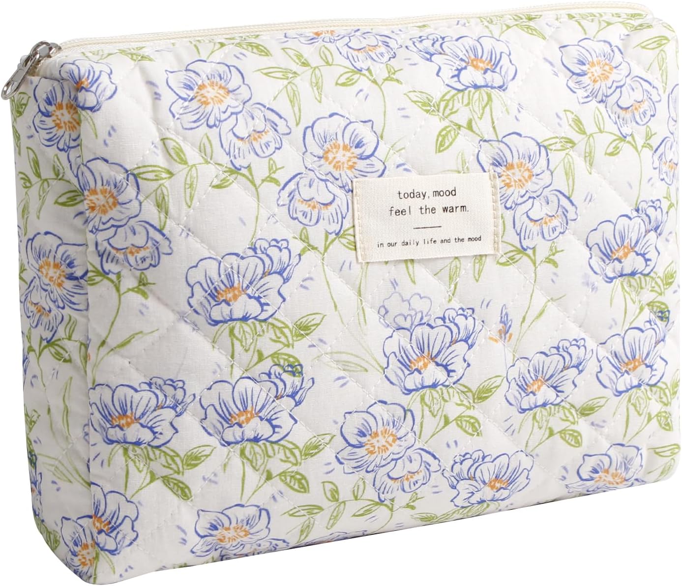 Kawaii Floral Makeup Bag Coquette Aesthetic Cosmetic Bag Large Travel Make up Organizer Cute Pouch Cotton Quilted Toiletry Bag for Women Girls Kawaii Stuff (M-White Blue Flower)