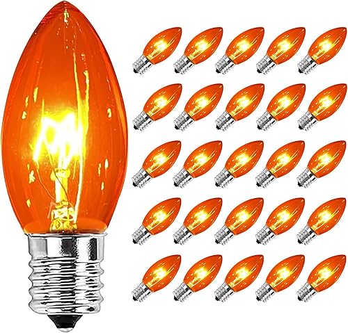SUNSGNE Paquete de 25 bombillas C9 naranja para exteriores, Halloween, Navidad, bombillas de repuesto C9 Edison para interiores y exteriores, base