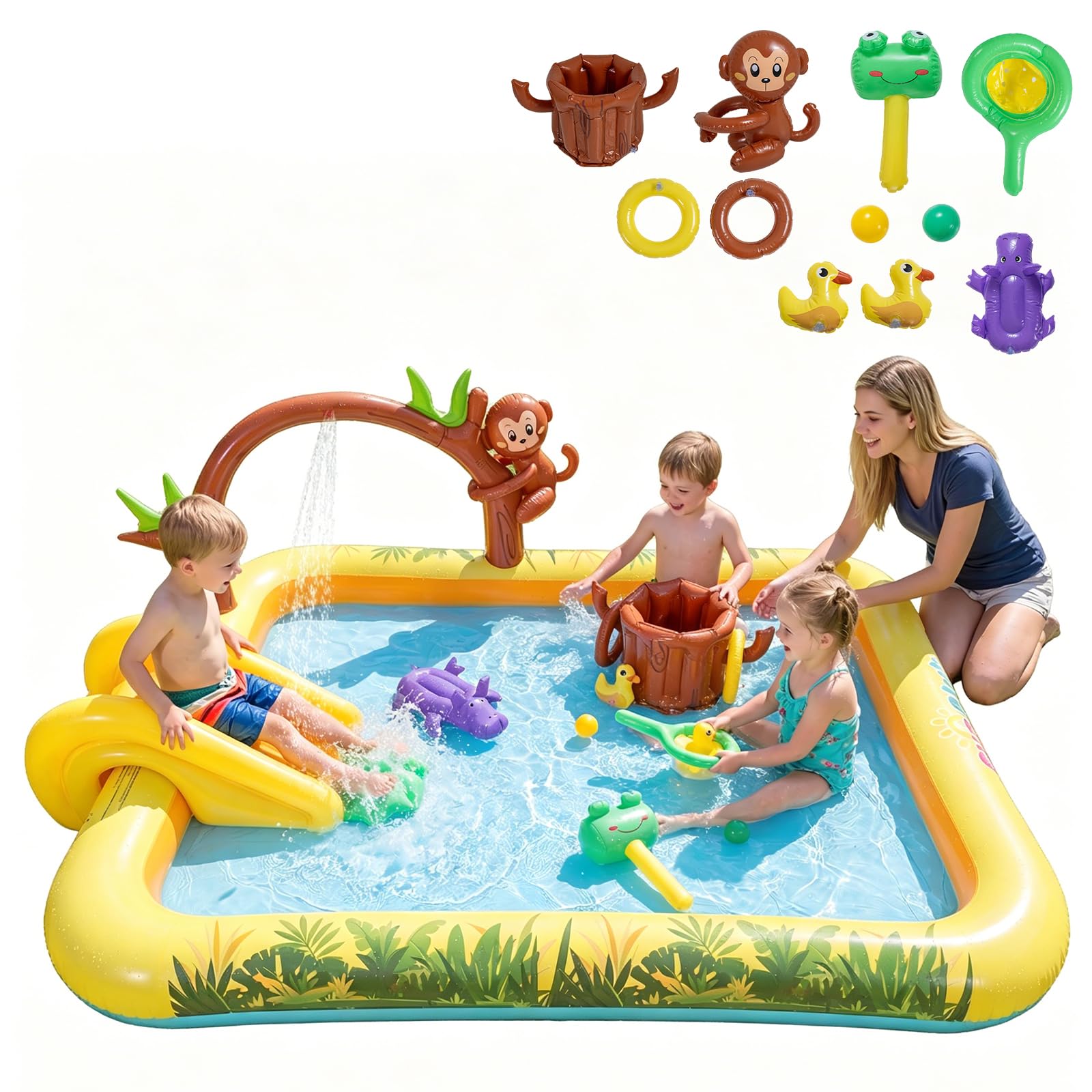 HOMASIS Piscine Enfant Gonflable avec Toboggan Requin et Jet d'eau, Aire de Jeux Aquatique Gonflable, Pataugeoire Bébé pour 2-6 Ans (207x168x77cm)