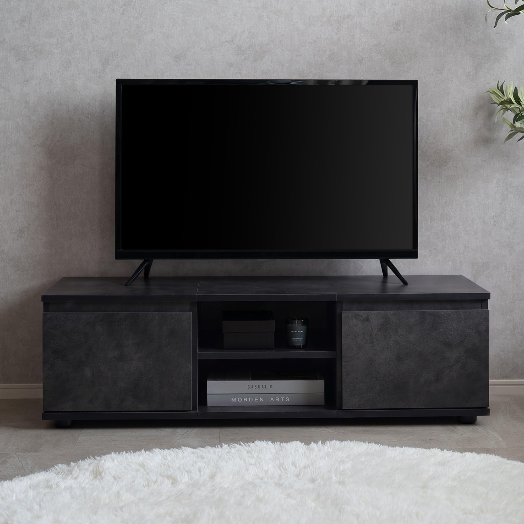 Amazon｜テレビ台 ローボード モルタル調 収納付き 巾木よけ コード穴