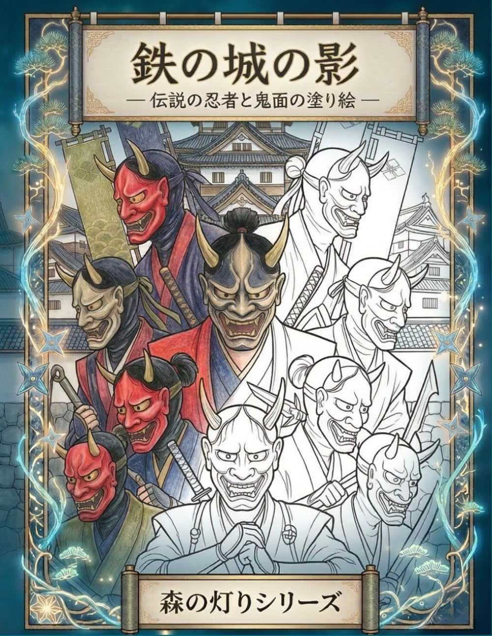 大人の塗り絵 忍者と鬼面：鉄の城の影に潜む伝説: 静寂の城、妖しき面、闇を駆ける忍びたちを描く和風ファンタジー塗り絵 (森の灯りシリーズ　忍者)