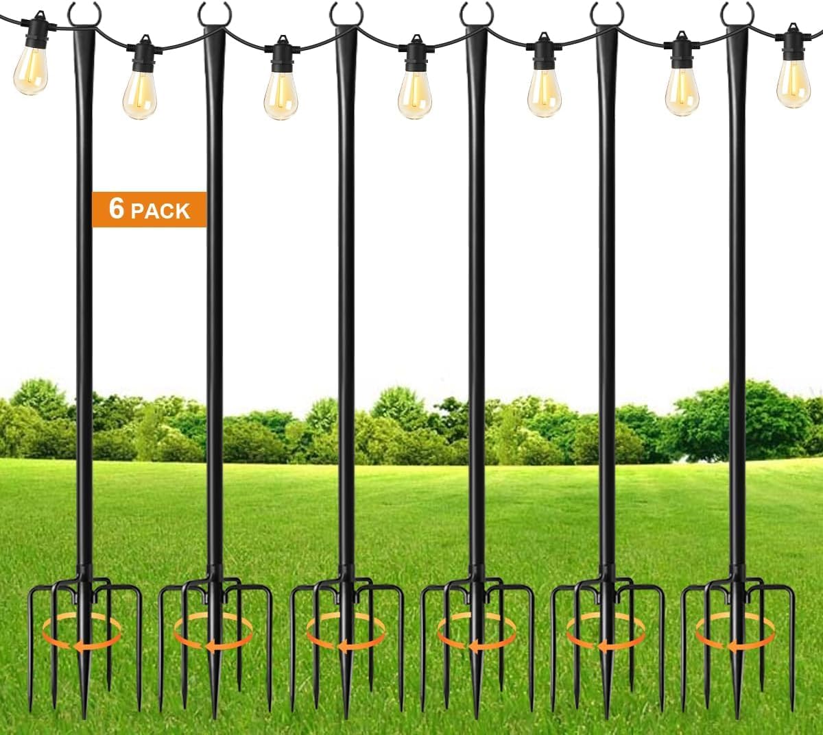 HoldOneLight 6 Pack 9.8FT Heavy Duty Metal Outdoor Light Poles with Ground Stake & Fork Hooks - for Hanging String Lights on Patio, Pergola, Garden, Backyard, Yard, Camping