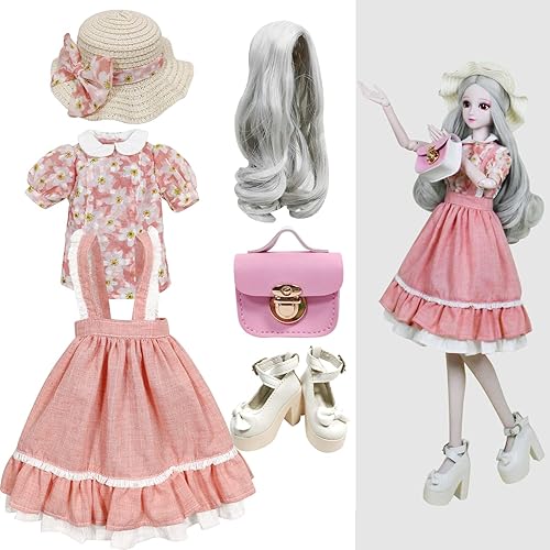 Proudoll 13 BJD Ropa de muñeca 23.6 in 24in SD Ball articulado muñecas accesorios rosa vestido conjunto sombrero peluca blusa correa vestido bolso