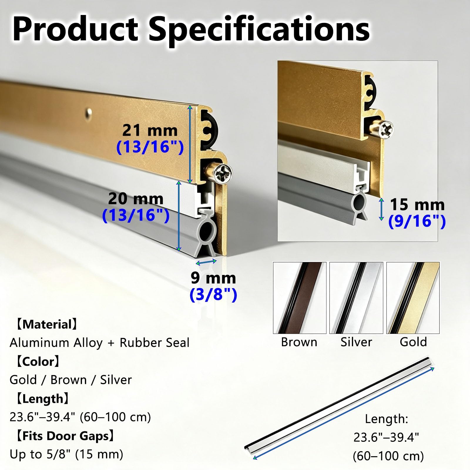 Reducción De Ruido Sello Inferior Puerta Automático, Uso Doméstico | Aluminio, 60, 70, 80, 90, 100 Cm, Montaje En Superficie, Burlete Anticaída Automático, Protección Contra Polvo Y Luz