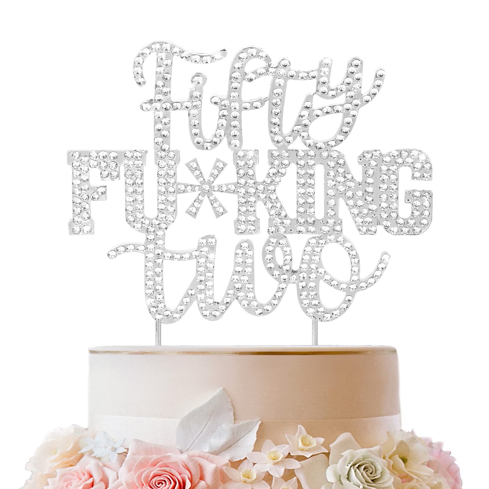 LINGTEER Happy 52nd Birthday Funny Silver Rhinestone Cake Topper - Cheers to 52 Years Old,Happy 52nd Birthday Cake Centerpieces Topper Decorations