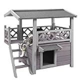 Cat House with Door for Feral Cats, Rainproof Outside Kitty House, 2 Story Wooden Kitten Condo with Stairs (AIR09-BS)