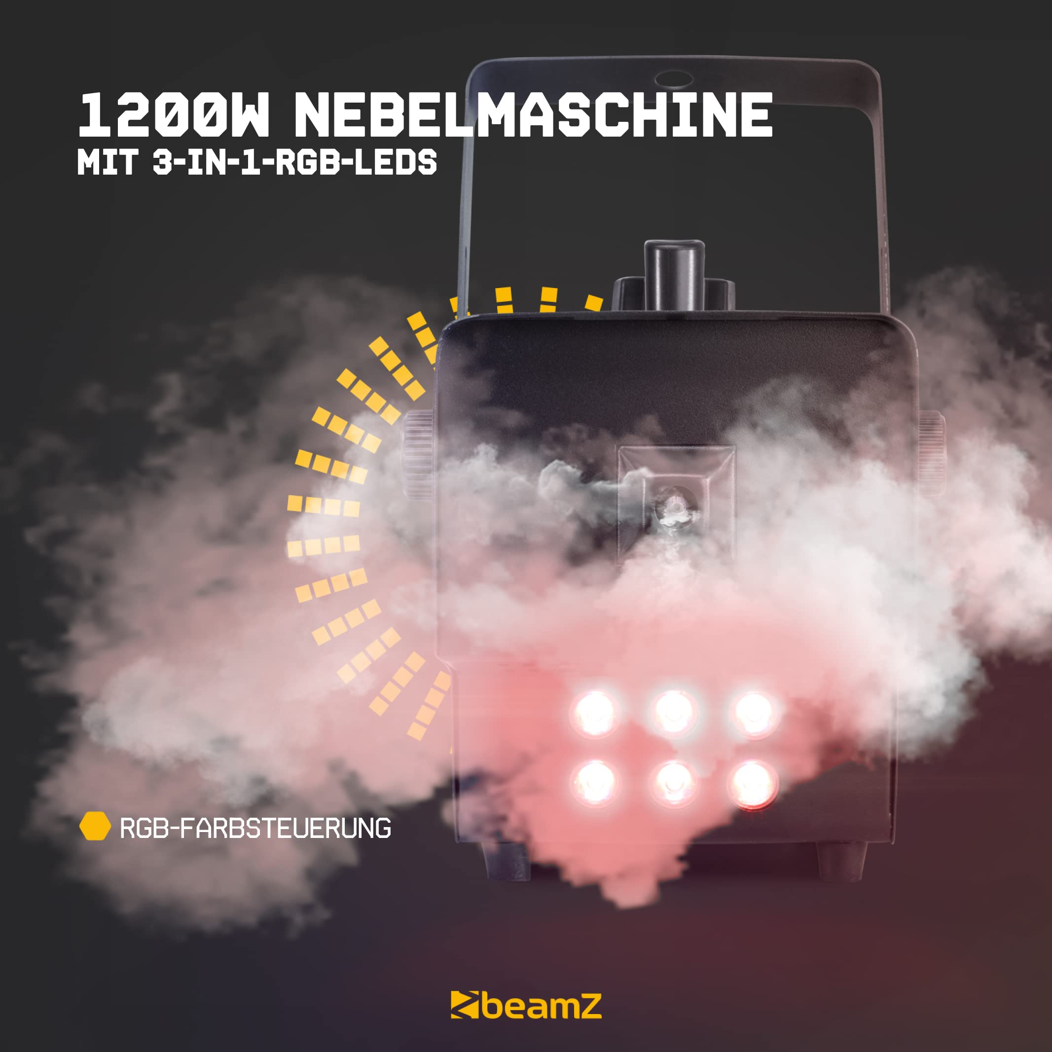 BeamZ RAGE1000LED Nebelmaschine DMX, 1000 Watt Fogger mit Fernbedienung, DMX Rauchmaschine mit Lichteffekt, Intervall Timer Fog Machine, Smoke Machine mit 2 Liter Tank, Partynebel