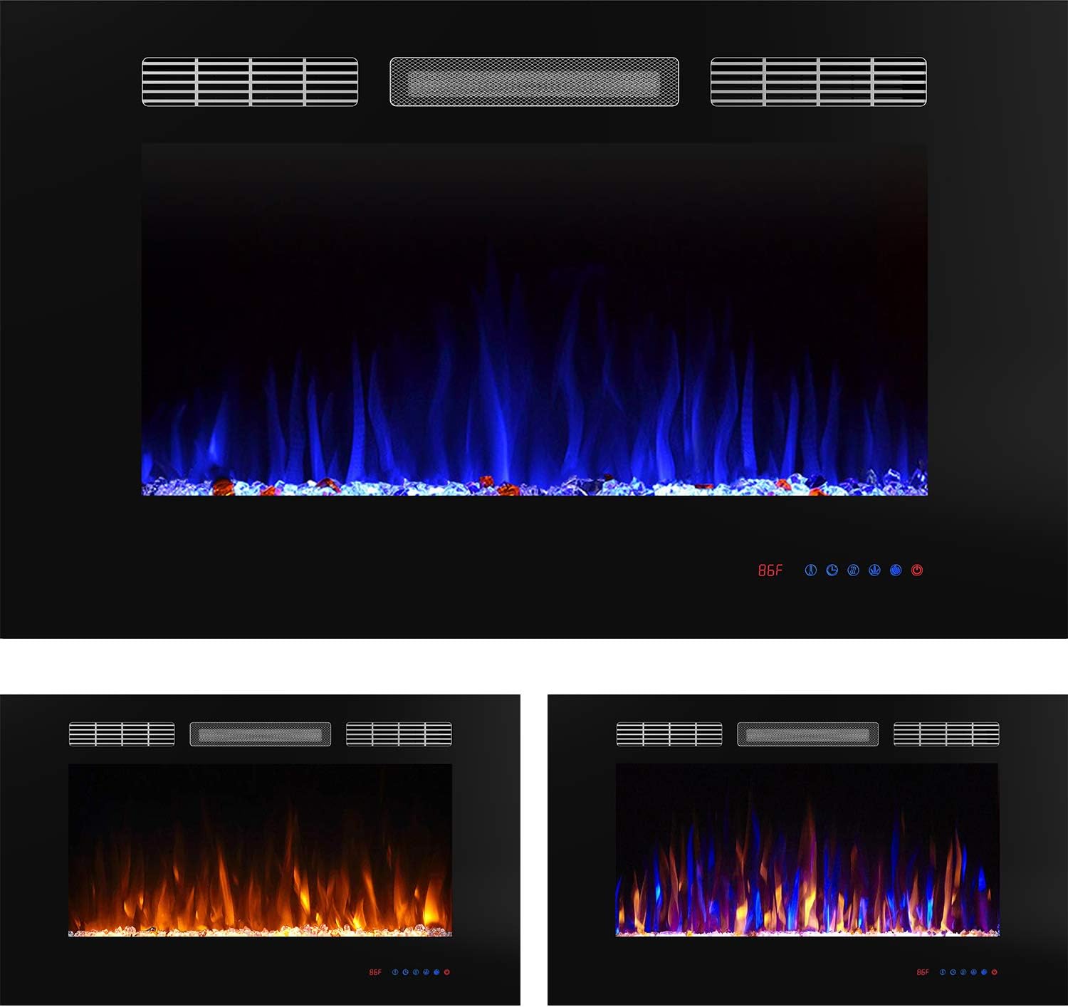 Flameline 36" Dannis Recessed Electric Fireplace Insert with Touch Contrl Panel, Log Speaker and 3 Flame Color with Remote, 750/1500W Heater, Black
