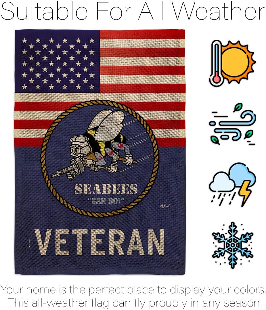 US Seabees Veteran Flag Burlap Armed Forces Navy USN Tapestry Official United State American Military Memorabilia Banner Garden Remembrance Wall Retire Outdoor Yard Memorial Veteran Gifts Made in USA