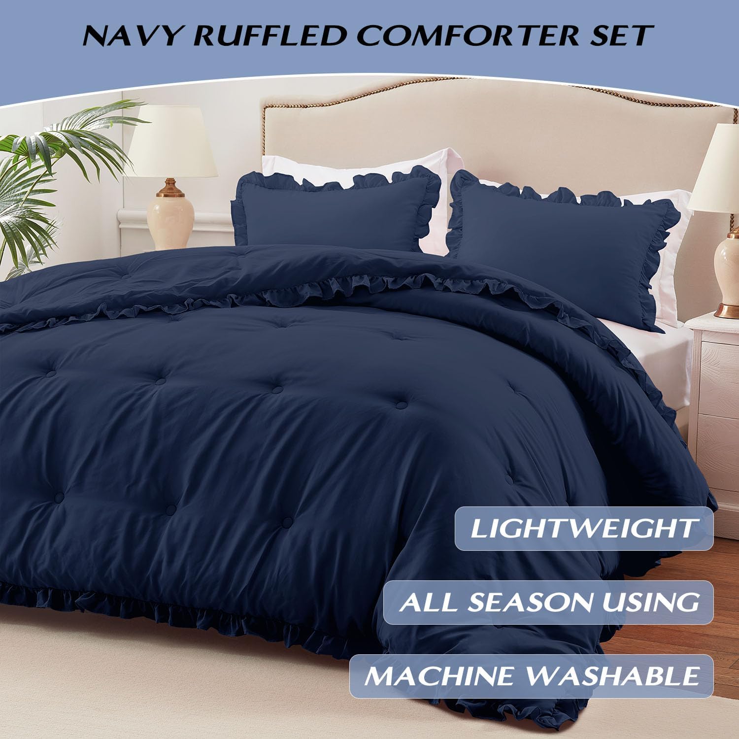 HARBOREST Twin Comforter Set Navy - Ruffle Comforter for Twin Size Bed, Fluffy Twin Size Comforter Set for All Seasons, 2 Pieces Shabby Chic Bedding Comforter Sets(1 Comforter & 1 Pillow Sham) - Image 2