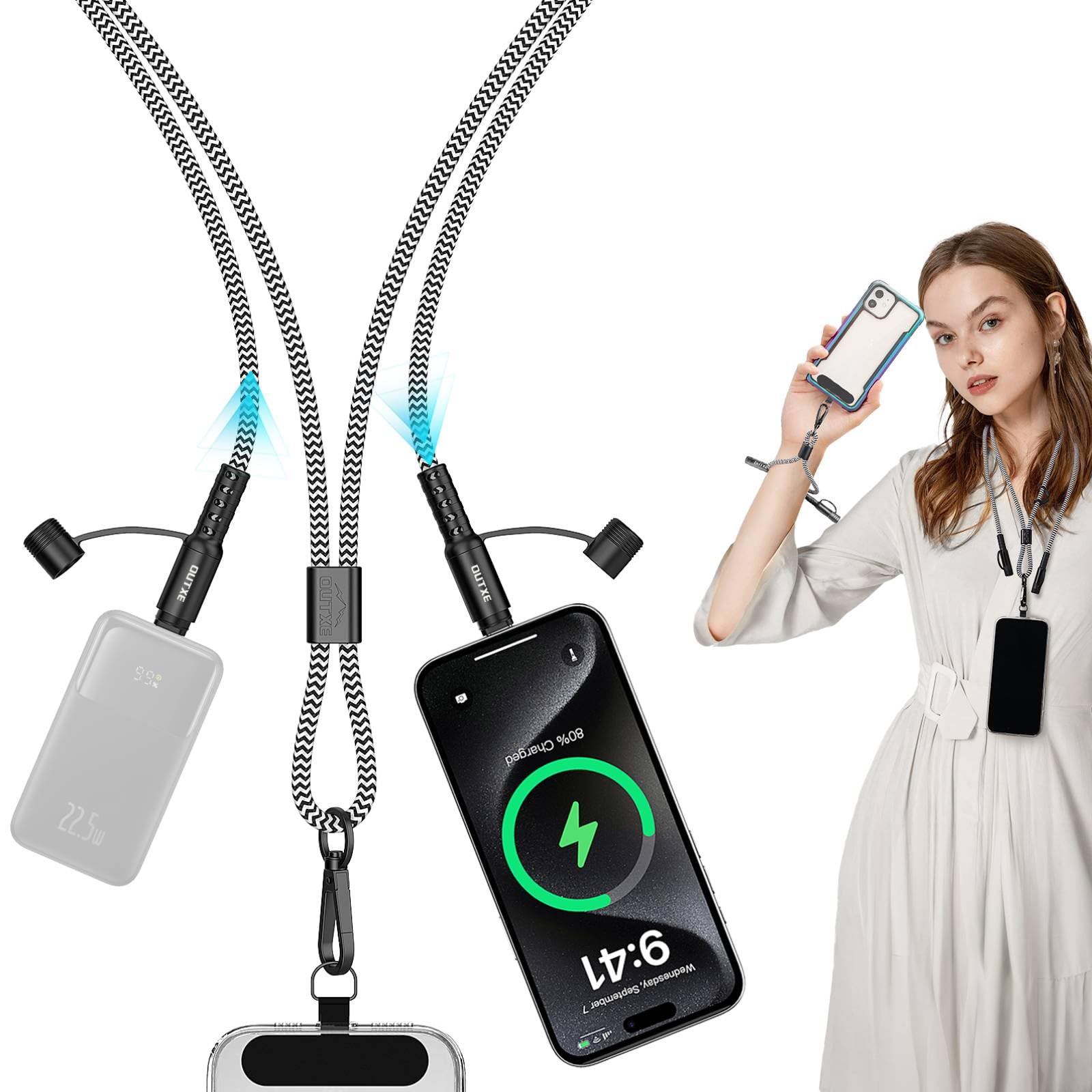 OUTXE Charging Lanyard for iPhone 15/16 Series, Adjustable Crossbody/Neck Phone Chain Wrist Cell Phone Strap Kit, 2 Pack Type C Cable Lanyard with 4