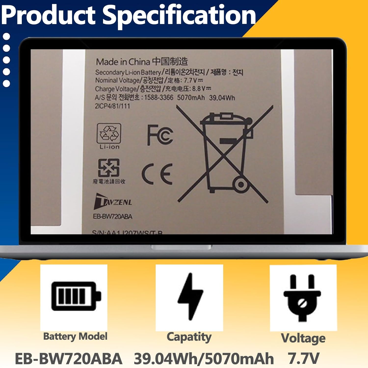 EB-BW720ABA 39.04Wh Battery Replacement for Samsung Chromebook 4+ 15.6" XE350XBA Series 4 Chrome OS 11.6" XE310XBA Series Plus V2 XE521QAB Series Plus V2 XE520QAB Series 7.7V 5070