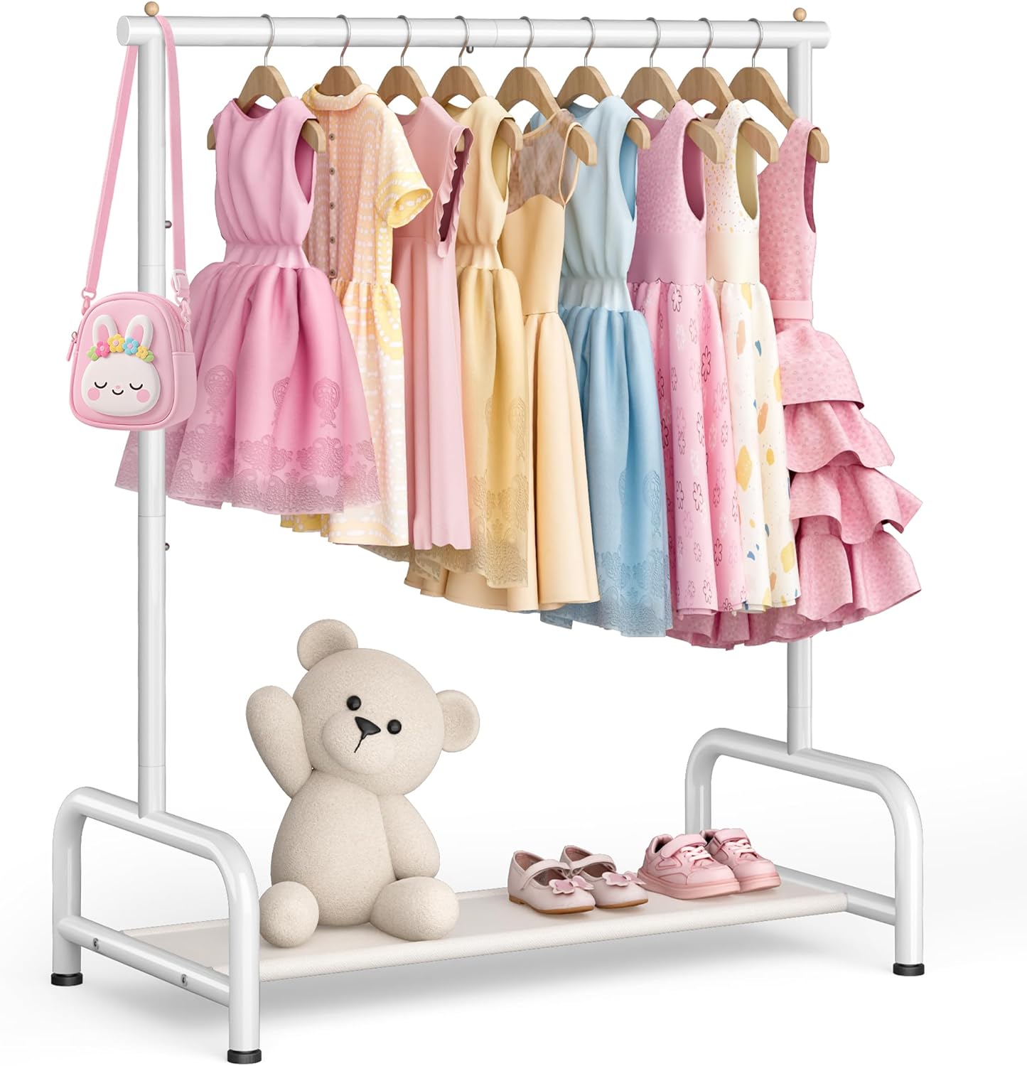 SLEEPING LAMB Kids Clothing Rack, Small Baby Clothes Rack with Bottom Storage Shelf, Kids Dress Up Rack Storage for Coats, Dance Costume Garment Rack for Hanging Clothes, White