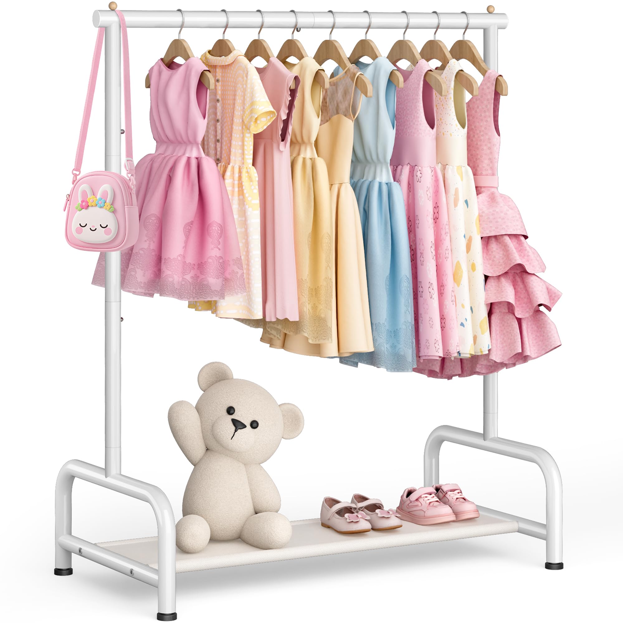 SLEEPING LAMB Kids Clothing Rack, Small Baby Clothes Rack with Bottom Storage Shelf, Kids Dress Up Rack Storage for Coats, Dance Costume Garment Rack for Hanging Clothes, White