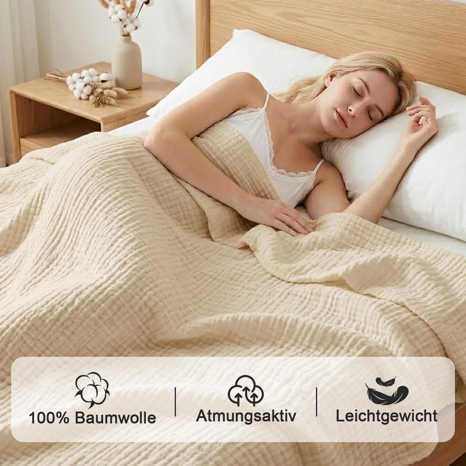 Musselin Decke 200 x 230 cm 6-lagig, Muselindecke Erwachsene 100% Baumwolle Tagesdecke & Bettüberwurf vorgewaschene Gazedecke Sommerdecke Sofadecke Baumwolldecke Couch Überwurf (Beige, 200*230cm)