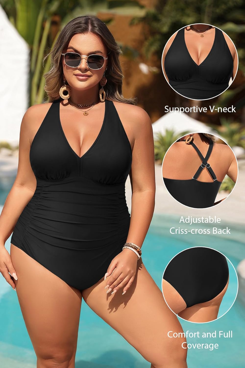 Aqua Eve Women Plus Size One Piece Swimsuits V Neck Tummy Control Bathing Suits Retro Ruched Swimwear - Image 5