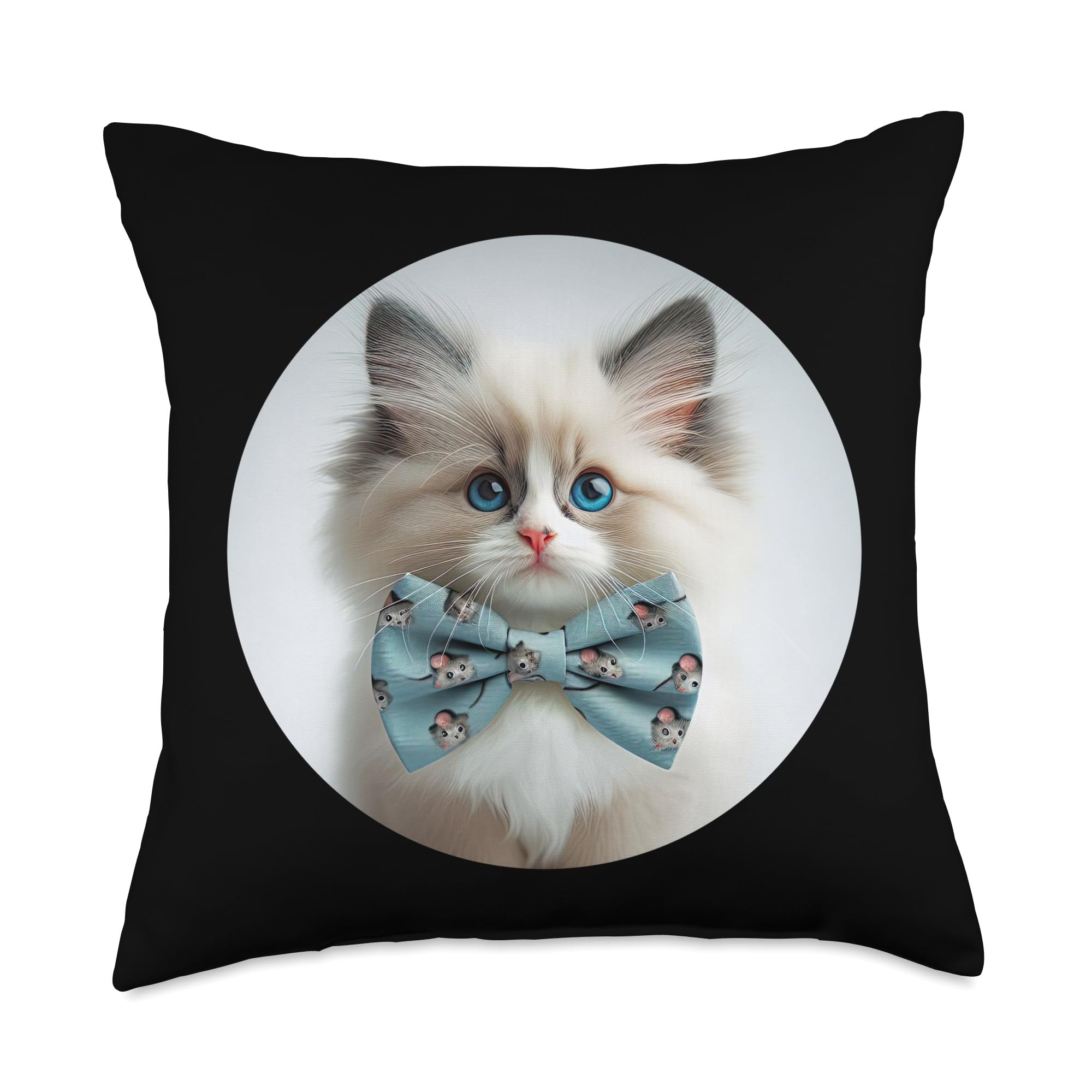 Ragdoll Breed Kitten in a mice Bowtie Kitty Cat Mouse Outfit Throw Pillow, 18x18, Multicolor