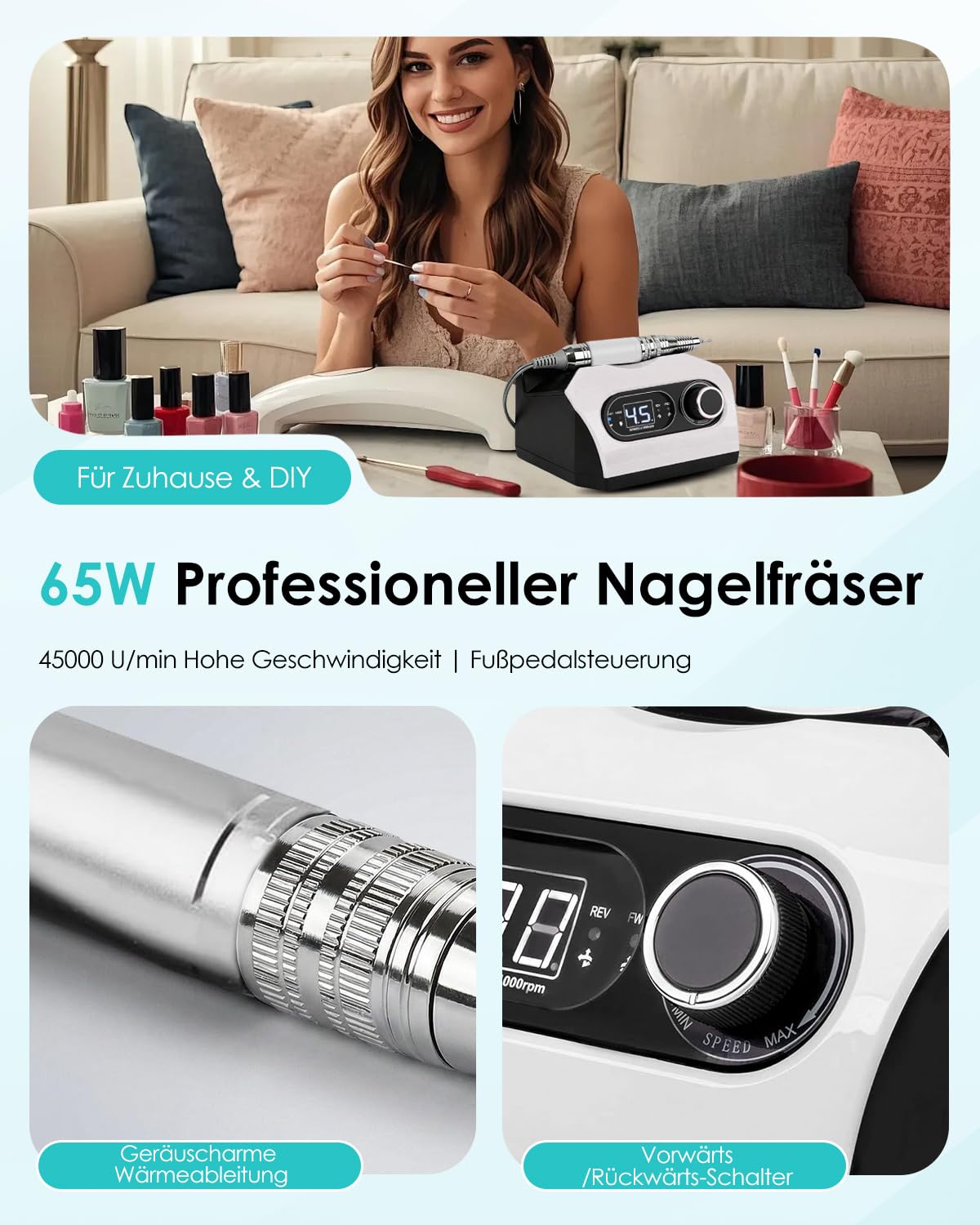 CozyZen Elektrische Nagelfeile, Profi Nagelfräse 35.000 U/min mit LED | Mit Fußpedal, 6 Aufsätzen und stufenloser Drehzahlregelung – Für Acryl-, Gelnägel sowie Maniküre und Pediküre