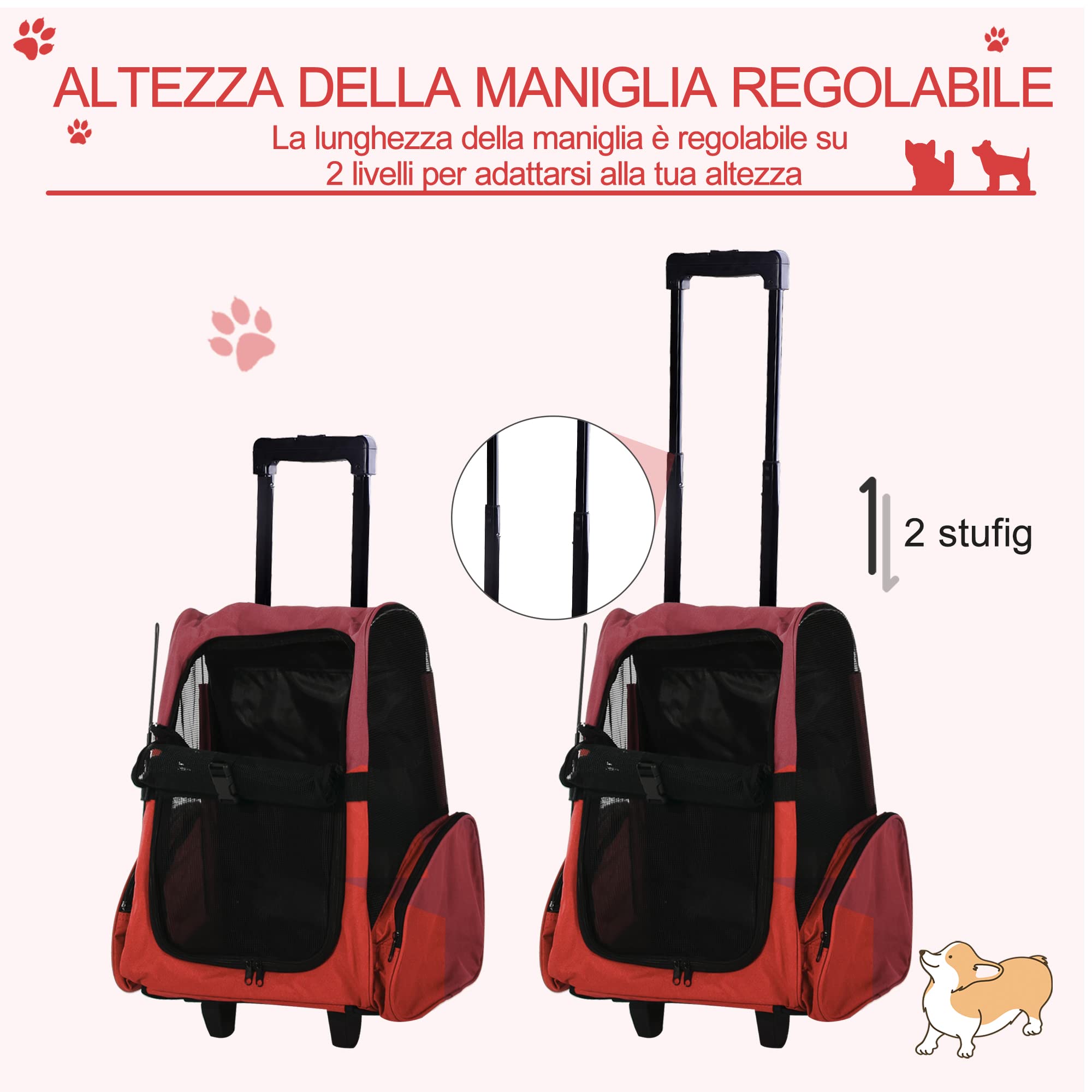 PawHut Trasportino Zaino 2 in 1 per Cani e Gatti con Tasche Laterali, Maniglia Telescopica e Ruote, 42x25x55cm, Rosso