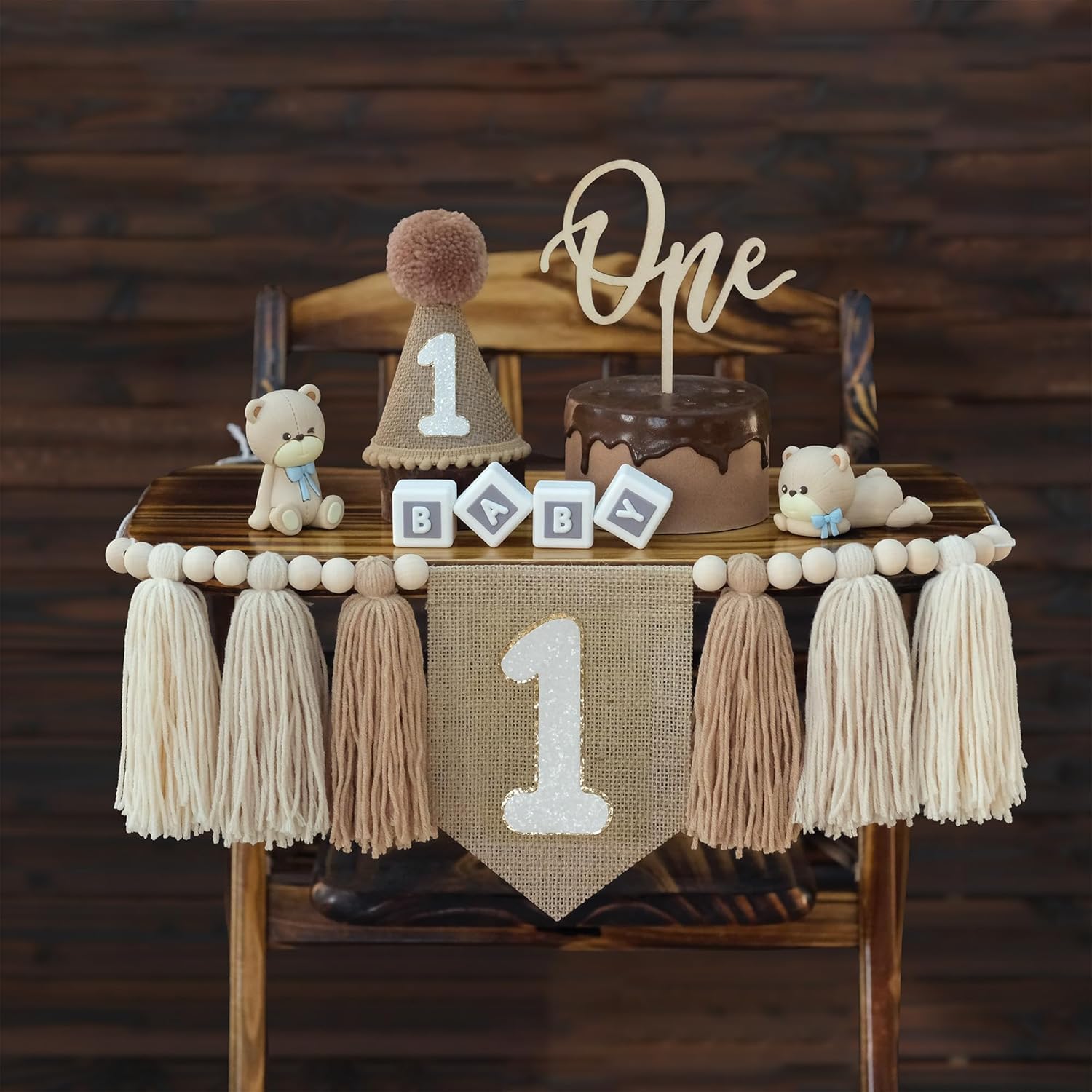Striscione per seggiolone per primo compleanno, decorazione per primi ragazzi, cappello a cono cachi con un topper per torta sfondo fotografico (Kahaki 2)