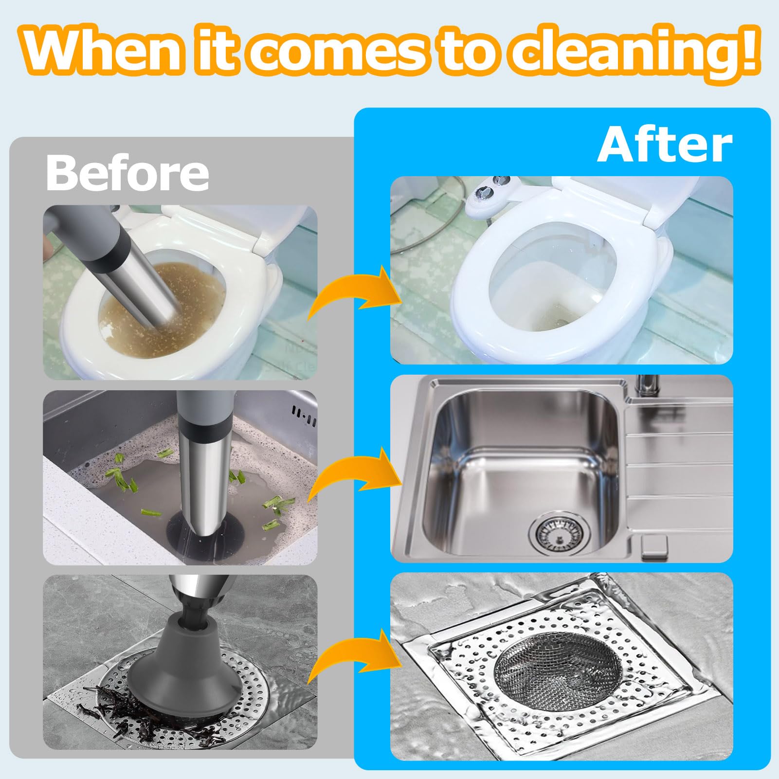 Toilet Plunger, High Pressure Plunger Kit, Unblocker Heavy Duty Toilet Plunger with with A Holder and 4 Replaceable Heads - Image 3