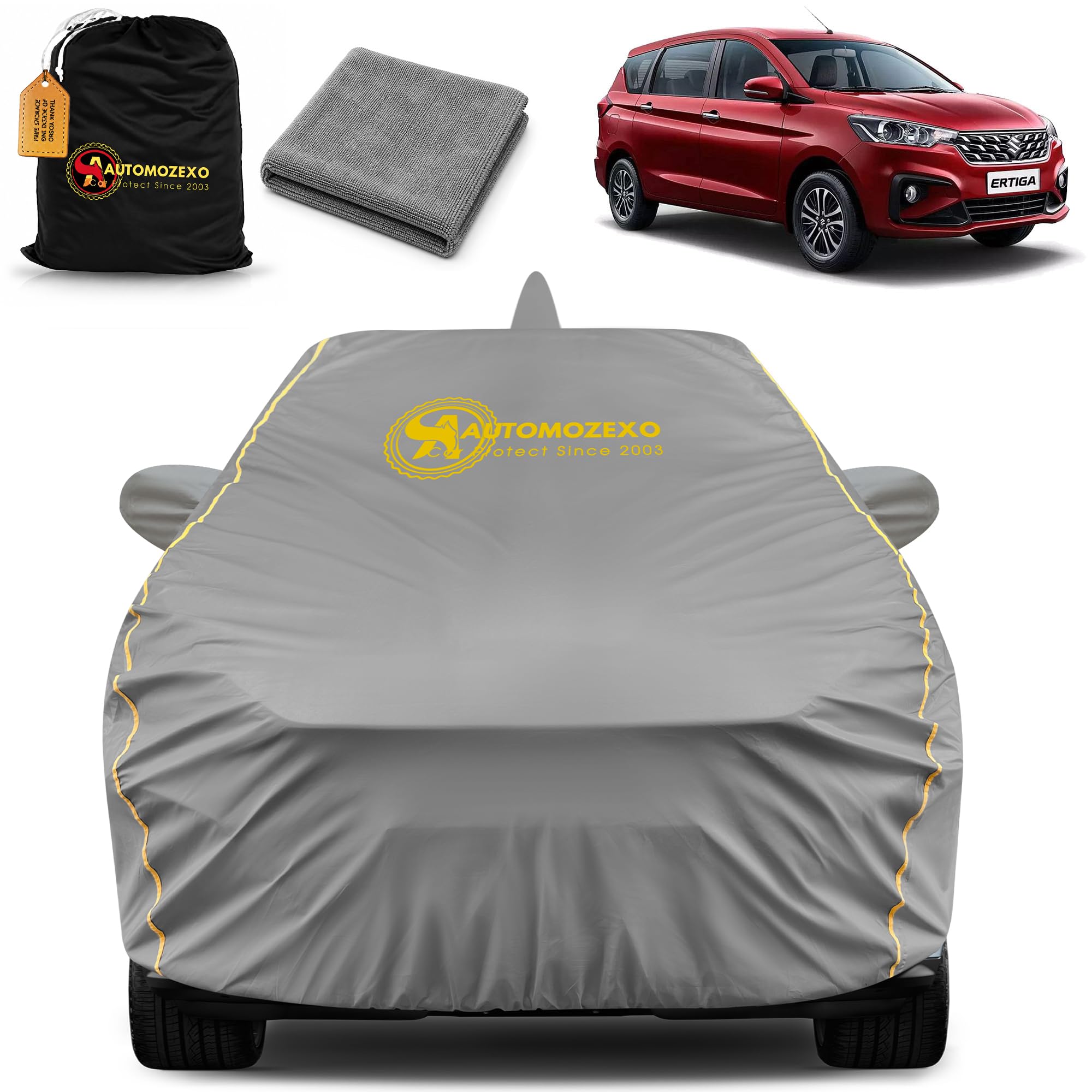 AUTOMOZEXO Maruti Ertiga Waterproof Car Cover Compatible With All Models With Mirror & Antena Pocket Inner Cotton Layer Adjustable Belt Bottom Elastic Triple Stitched Cover To (Grey)-picture-13