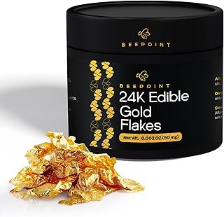 BeePoint 24K Edible Gold Foil Flakes - 50mg Gold Flakes for Cake Decorat...