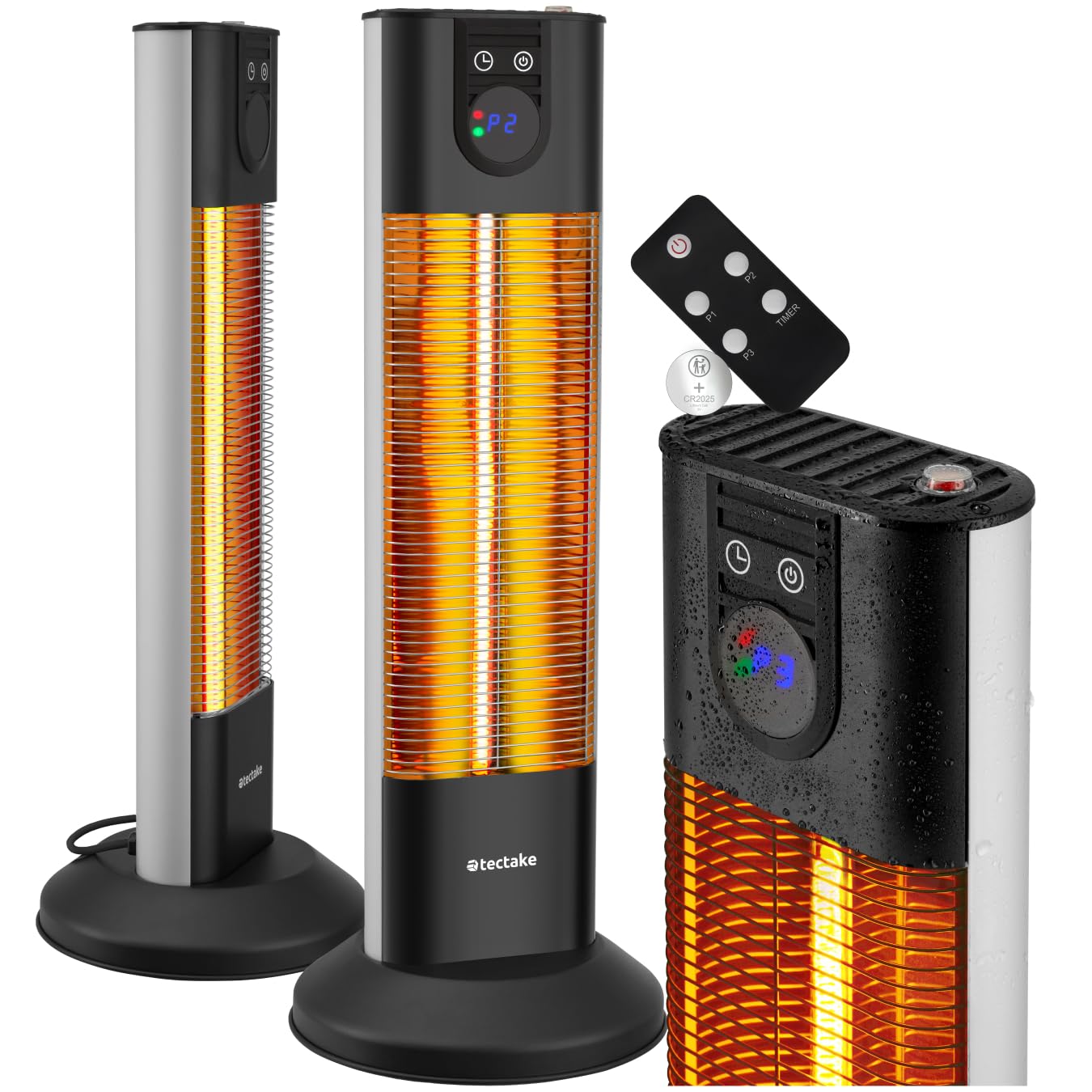tectake® Calefactor Electrico por Infrarrojos con Pantalla LED, Temporizador, 3 Niveles de Potencia, Control Remoto, Aluminio Inoxidable, Calefactor Bajo Consumo, Terraza Exterior - Negro