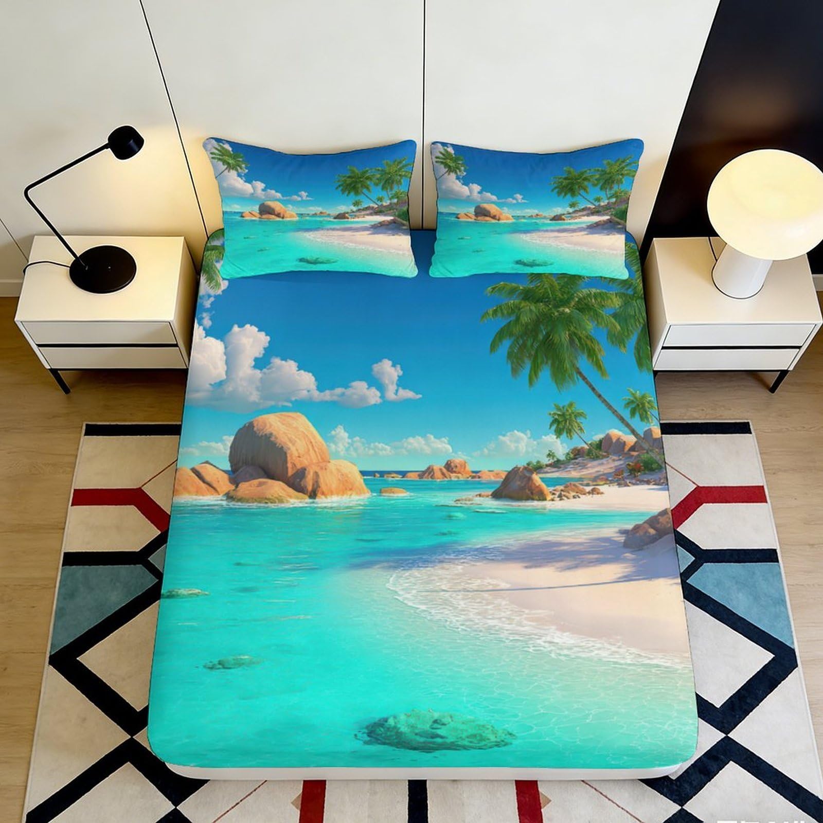 3D Printed Tropical Beach Fitted Sheet Microfiber Soft Blue Ocean Island Mattress Cover Bedroom Decor 90x200x25cm