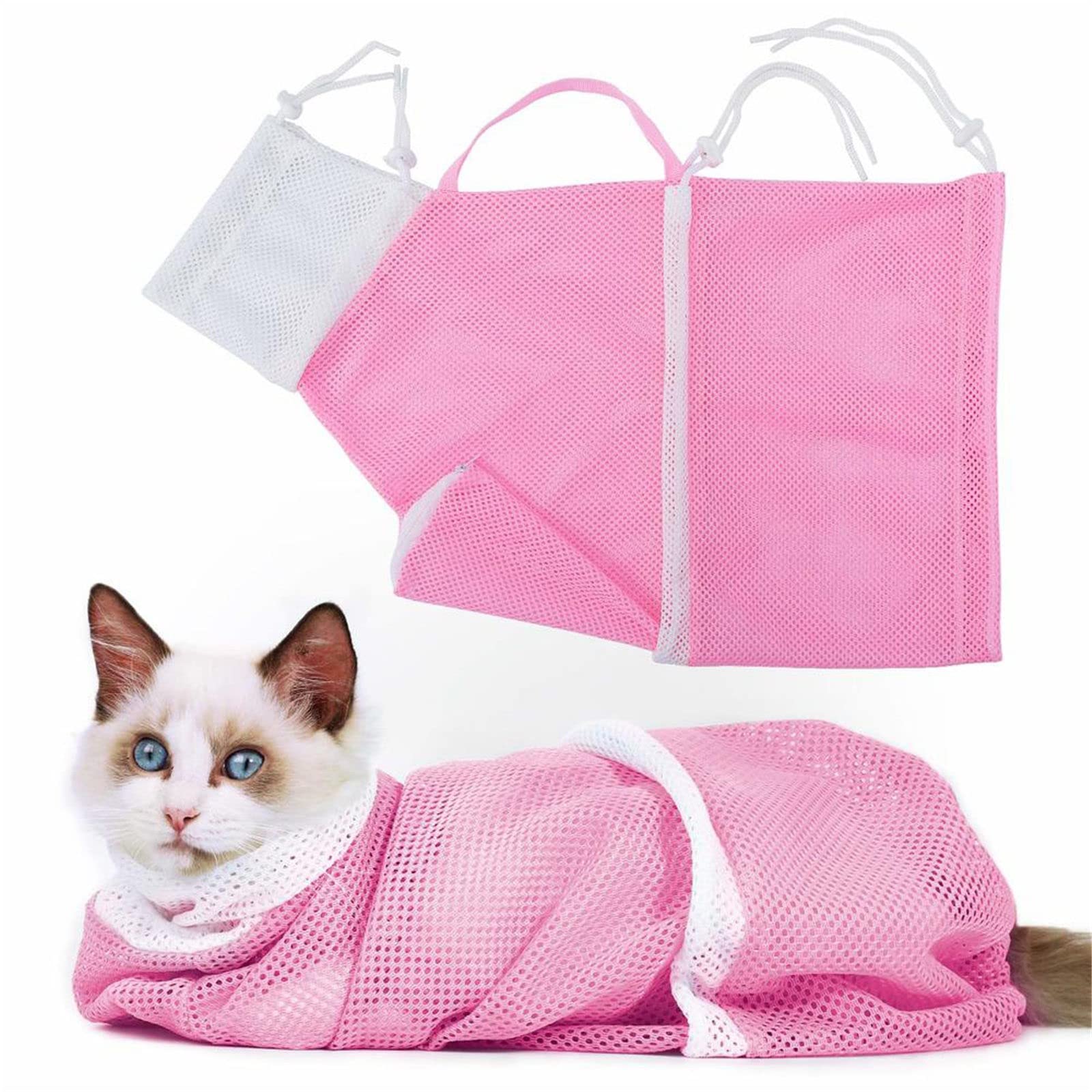 2025 Cat Bathing Bag Adjustable Cat Grooming Net Bag Anti-Bite & Anti-Scratch Cat Breathable Restraint Bag for Shower Cleaning Nail Trimming Injection (Pink)