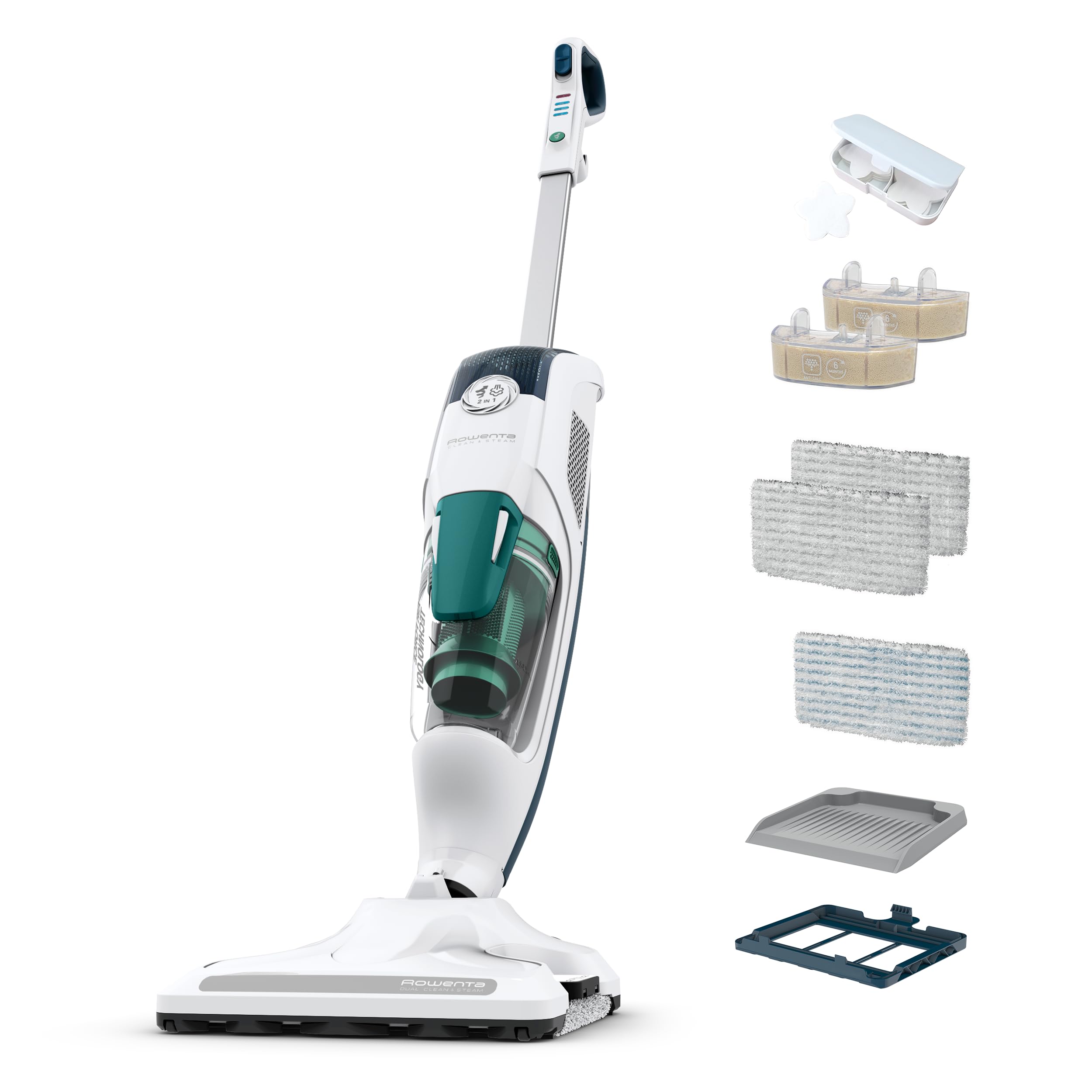 Rowenta Nettoyeur vapeur 2-​en-​1, Aspire et lave simultanément, Elimine 99,​9 des bactéries, Pour tous les sols, Sans détergent, Diffuseur d'huiles essentielles, Clean et Steam Revolution RY7757WH