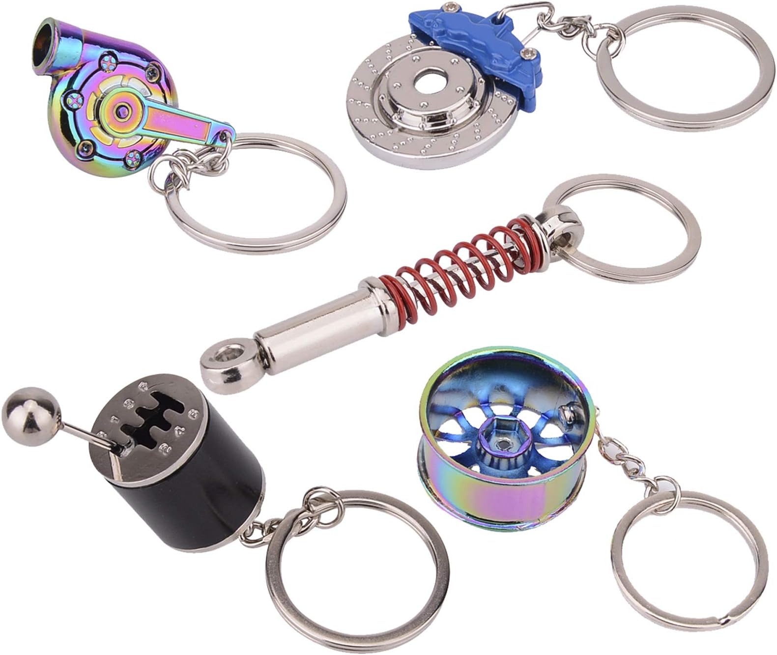 Febrytold 5 Pcs Car Parts Model Key Chains - Colorful Turbo, Black Manual Gearbox, Tire Rim, Blue Brake Rotor, Red Spring Shock-Absorber Keychains | Metal