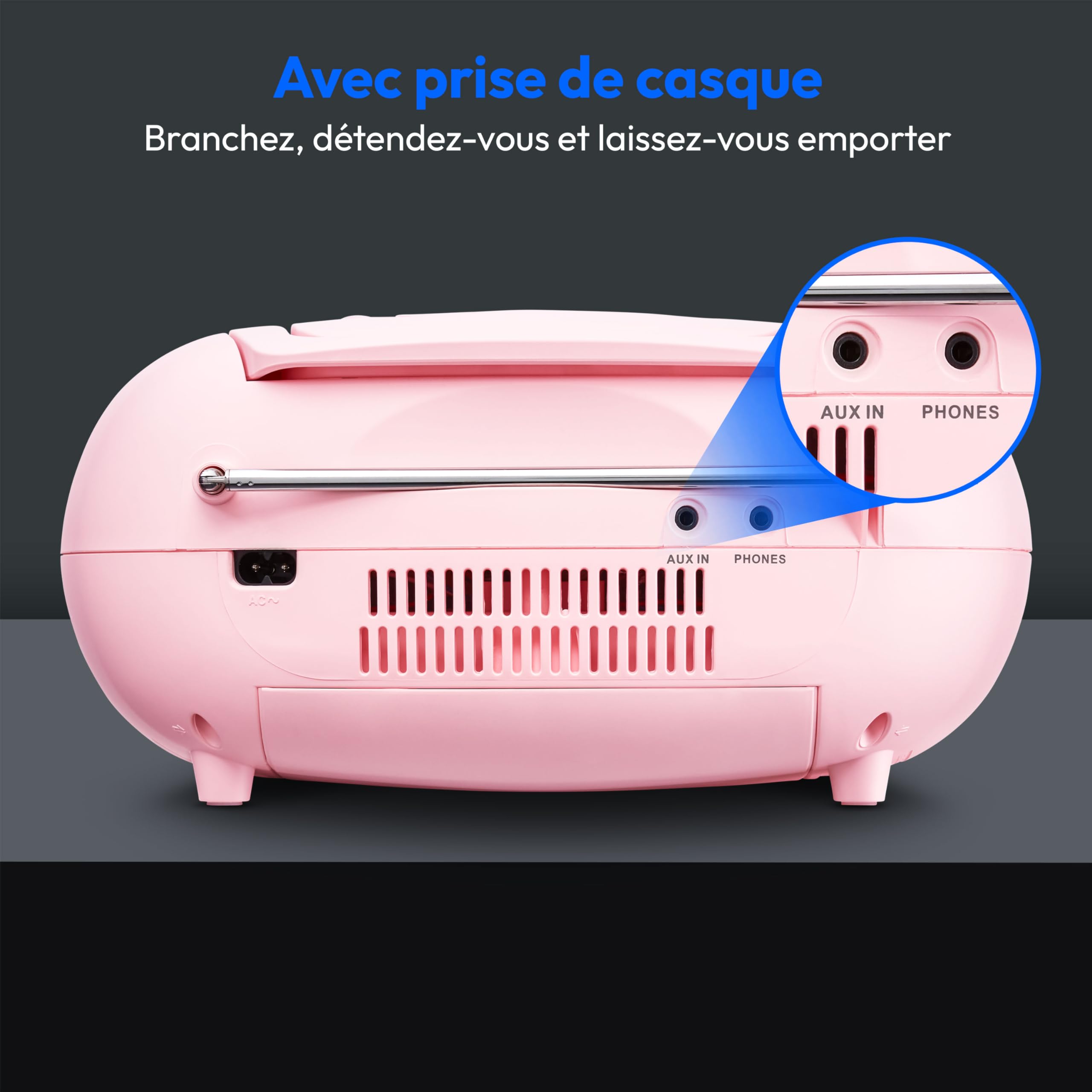 MEDION E66476 Stereo Sound System (Boombox, Lecteur CD, MP3, Cassette, Lecteur de Cassette Portable pour Enfants, Radio FM, AUX, écouteurs, Secteur & Batterie) Rose