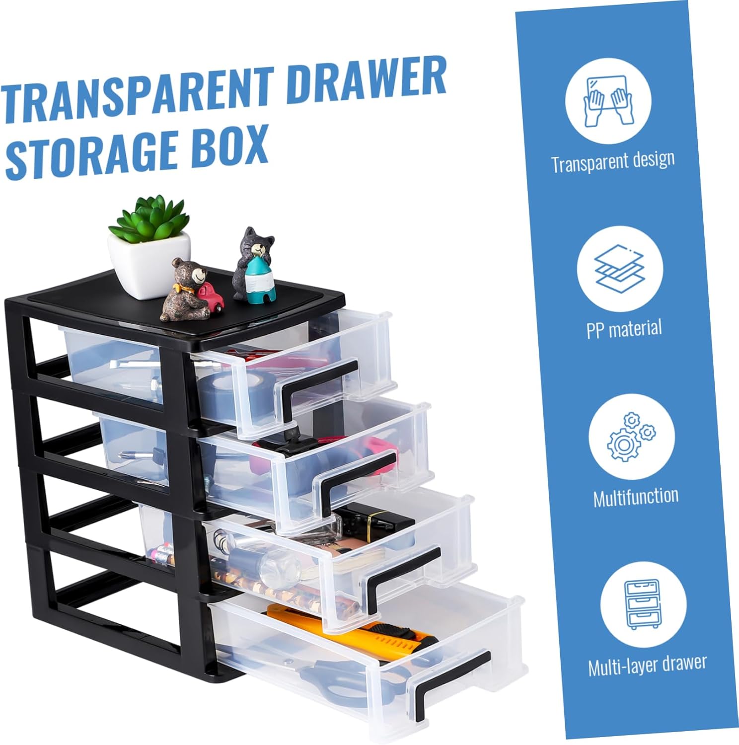 Angoily 4 Drawer Desk Organizer, Plastic Home Office Storage Organizer, Makeup Organizer Storage Station Cube, Cosmetics Jewelry Storage Box, 4 Drawer for Bathroom, Desk, Office (8.31x5.98x9.92 Inch)
