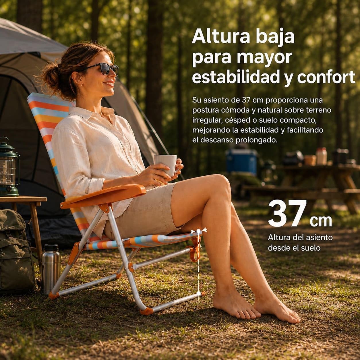 Silla de Camping Respaldo Alto - Plegable y Reclinable - para Playa, Terraza, Piscina, Jardín - 37cm Altura Asiento - Ocre a Rayas - con Asas de Fácil Transporte y Reposabrazos - Textileno y Aluminio