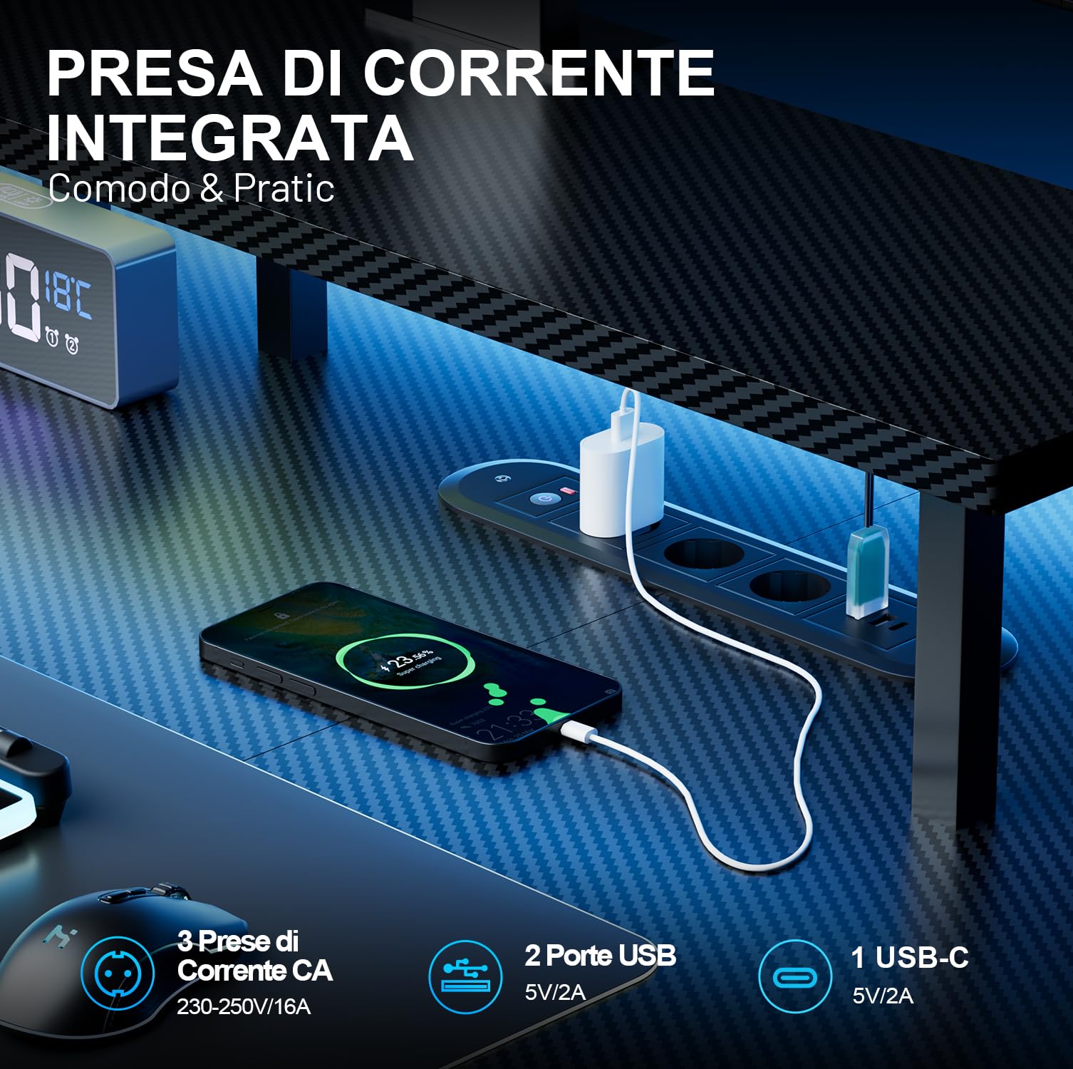 HLFURNIEU Scrivania Gaming LED 140 x 60 cm, Scrivania Regolabile in Altezza con Prese & Porte USB, Tavolo Gaming con Supporto per Monitor, 2 Controlli Memoria, Postazione Gaming Nero