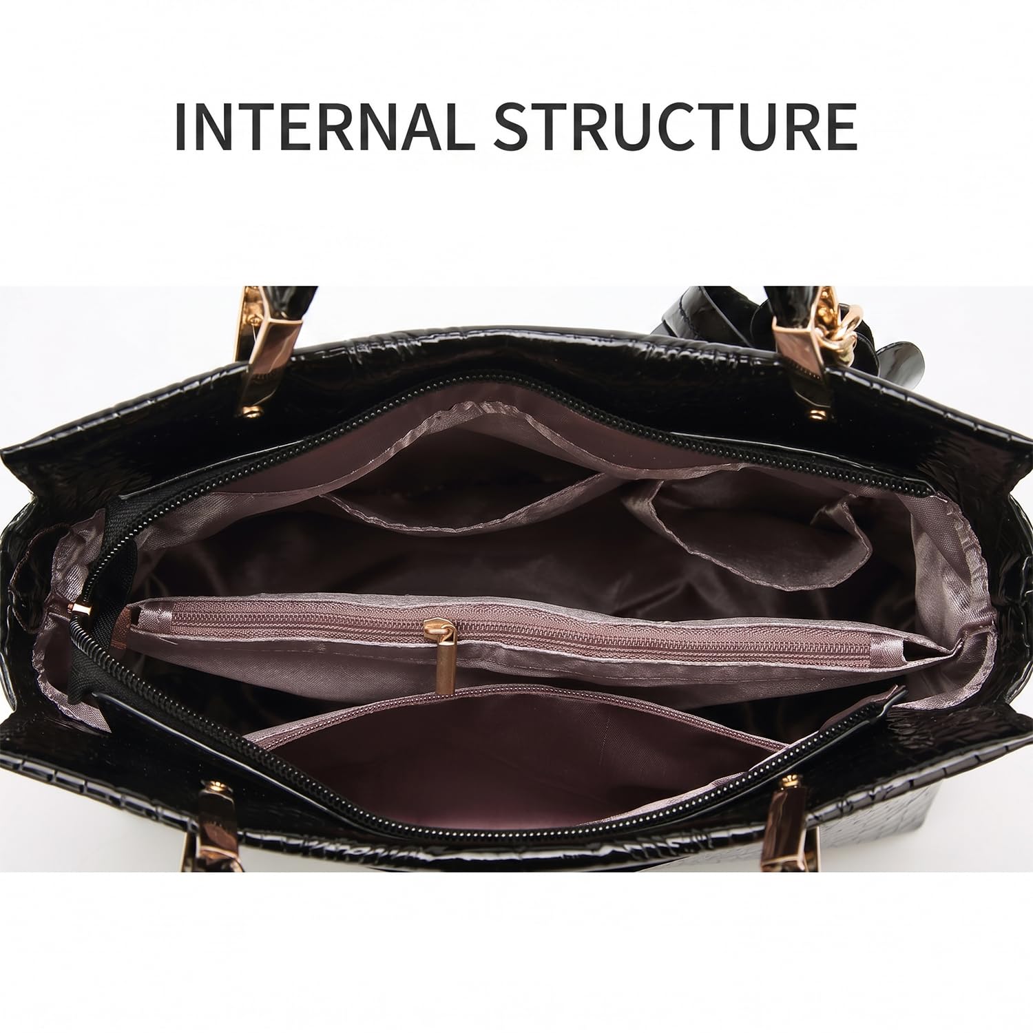 Bolsos de Mano con Bandolera en Cuero de Patente de PU para Mujer Bolso de Hombro Bolsos Bandolera Bolso de señora con Estampado de Piel de cocodrilo para Mamá Marrón