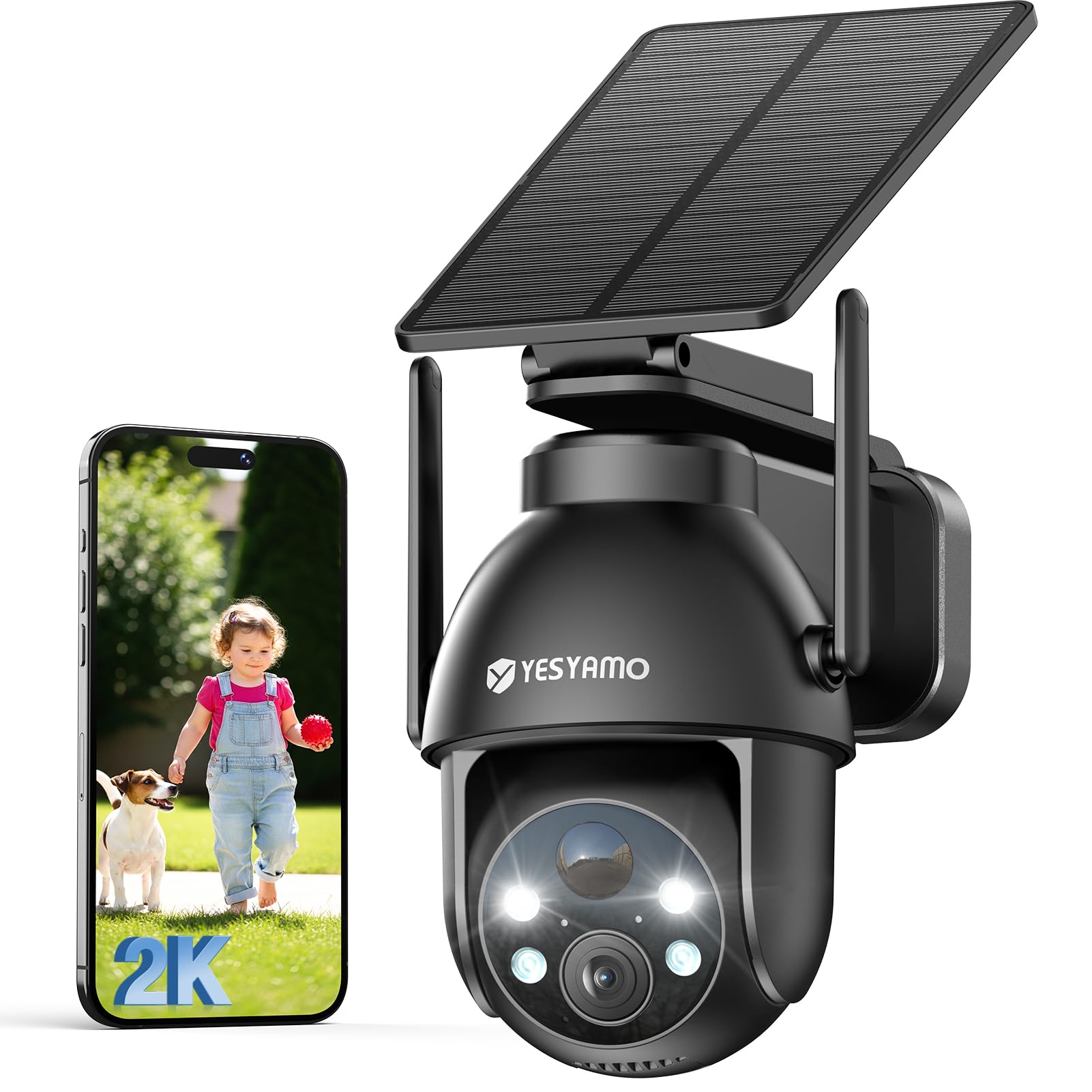 YESYAMO 2K Überwachungskamera Aussen Akku, 355°/90° Pan Tilt WLAN Kamera mit Farbnachtsicht, solar Kamera Überwachung außen, PIR Bewegungsmelder, IP66, Cloud/SD Storage, 2-Wege-Audio, 2,4 GHz WLAN