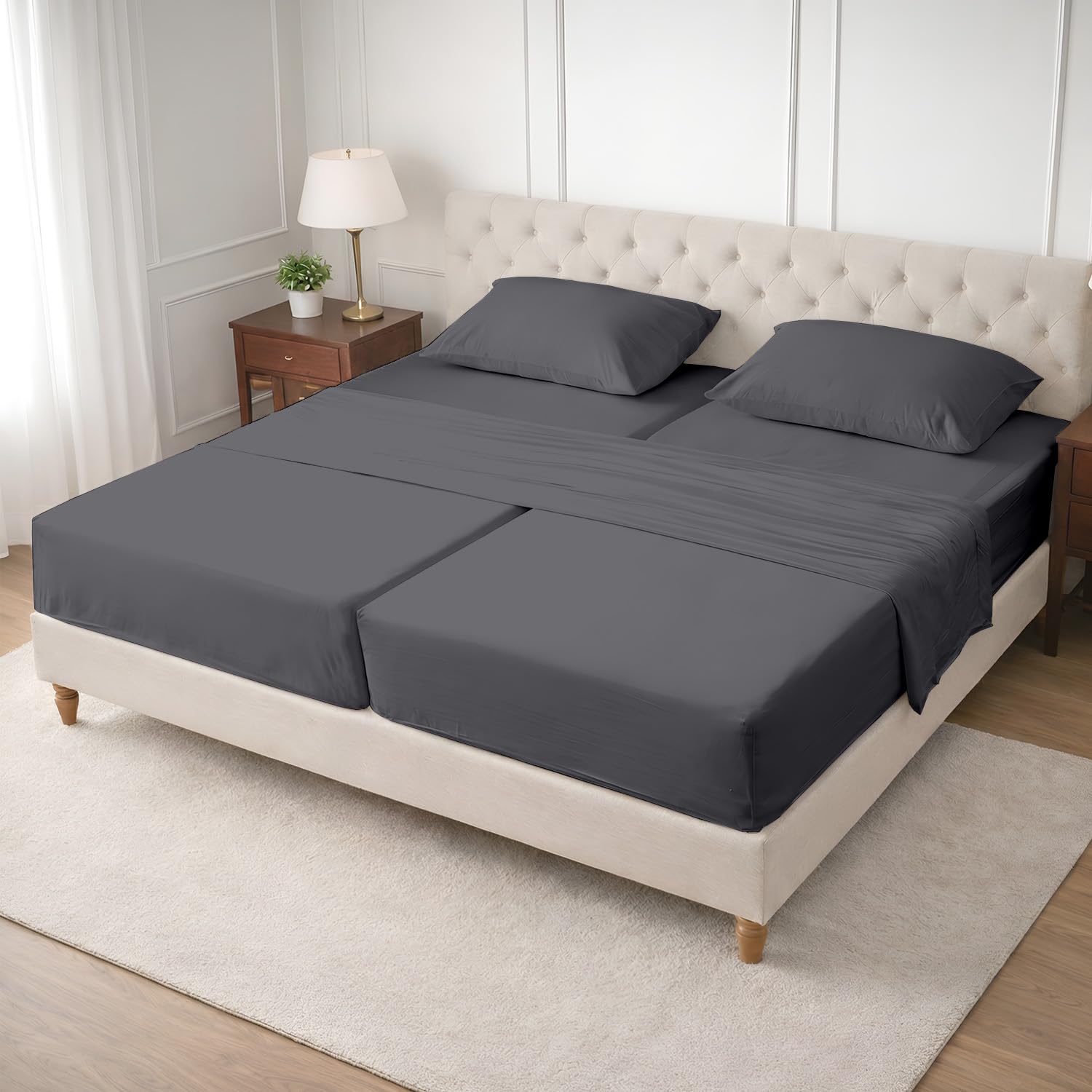 SGI Split King Sheet Set for Adjustable Bed Egyptian Premium Cotton 600 Thread Count Sheets for Sleep Number Bed 15" Deep Pocket 5 Pc Set with 2 Twin XL Fitted Sheets Soft Breathable -Dark Gray