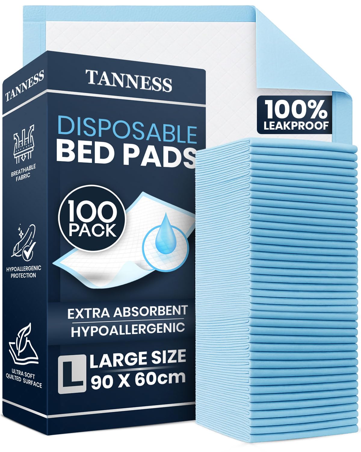 Tanness Women's Blue 100 X Disposable Incontinence Bed Pads - 90X60cm Incontinence Pads And Men - Waterproof Sheet, Bed Wetting Mats - Disposable Changing Mats Baby