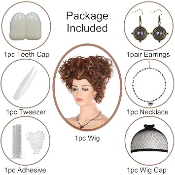 morvally Adult Women Halloween Costume Wig with Necklace Earrings and Teeth Short Reddish Brown Pre-styled Synthetic Wig for Witch Sisters Cosplay Halloween Party