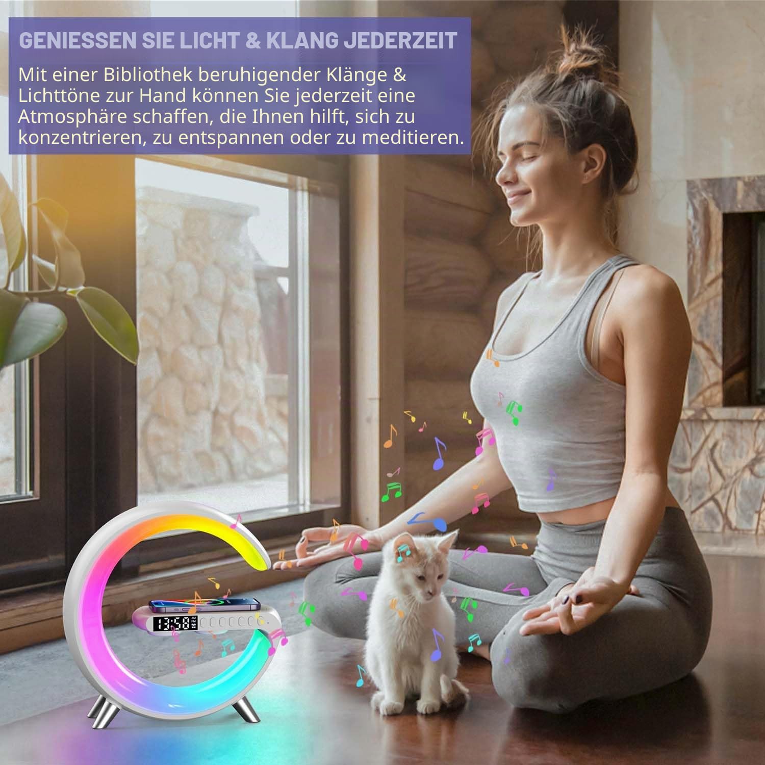 Kabelloses Ladegerät Atmosphäre Lampe, Mini Wireless Lautsprecher Lampe mit Wecker, Bluetooth Lautsprecher mit Atmosphäre Licht, Nachttischlampe Geschenke für Wohnkultur, Schlafzimmer (9-Tasten-mit