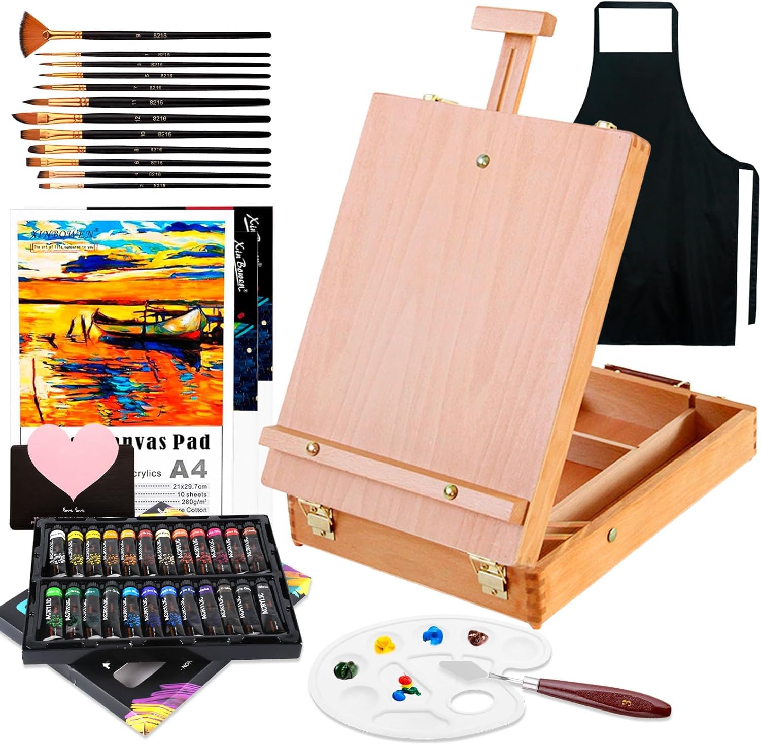 Cavalletto da Tavolo,Cavalletto Pittura,Set di pittura acrilica da 44 pezzi,24 colori acrilici,12 pennelli,Spatola, Grembiuli,Tavolozza Colori e Tela A4,per Professionisti e Hobbisti