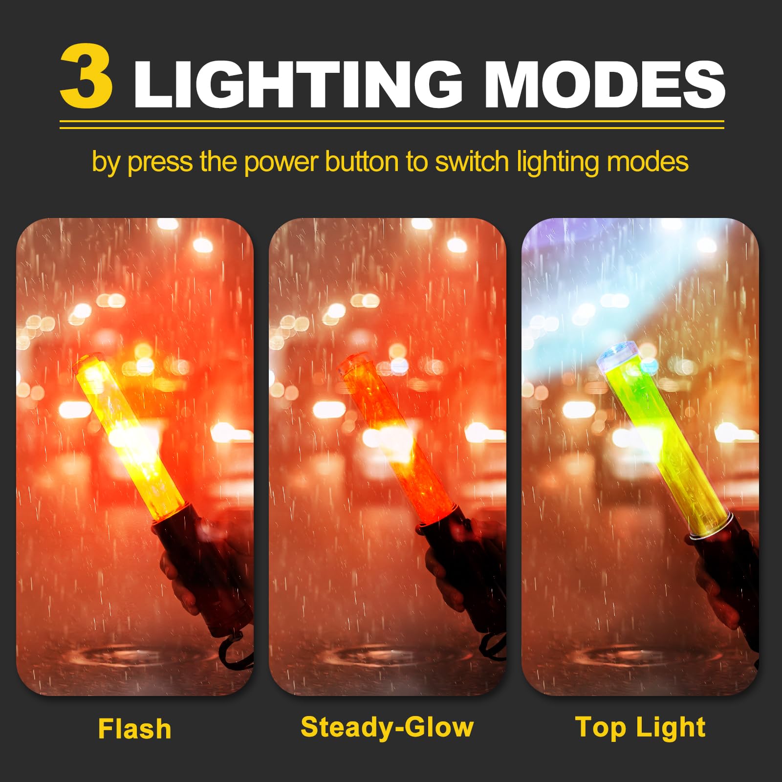 PATIKIL 4 Confezione 11 Pollice Bacchetta Segnaletica Traffico, Bacchetta Controllo Traffico Aereo Torcia LED con 3 Modalità Lampeggiante Clip Laterale Cinturino Polso Lanyard, Giallo