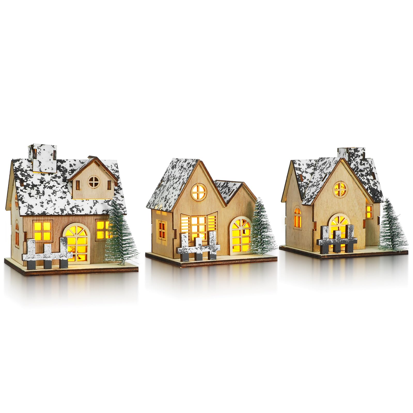 iplusmile 3pezzi Casette di Natale in Legno Luci LED Set di Villaggi Natalizi Decorazioni Artigianali Case in Miniatura Esposizione di Villaggi Natalizi