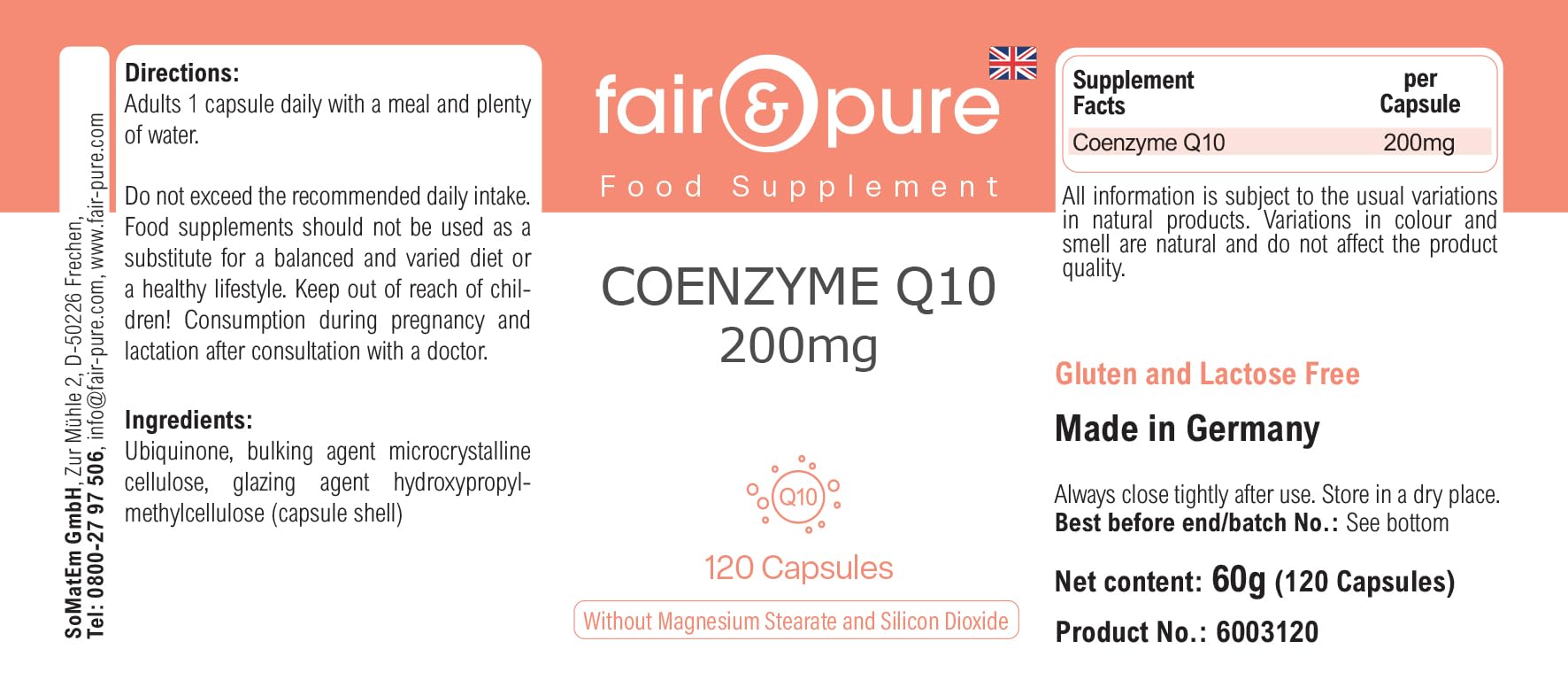 Fair & Pure Co-Enzyme Q10 Capsules 200mg, 120 pièces, complément alimentaire végétalien sans additifs, fabriqué en Allemagne