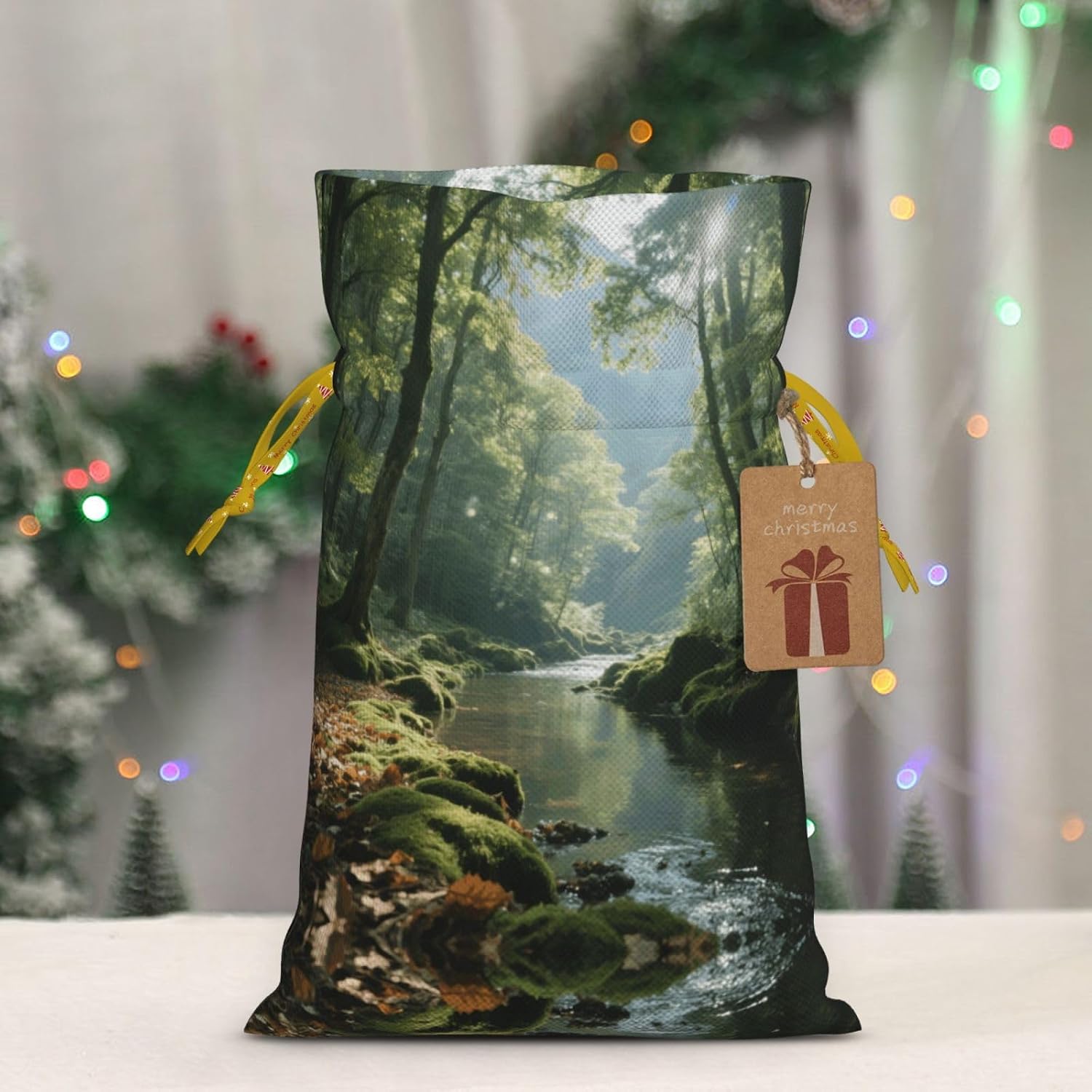 VTCTOASY Reusable Gift Wrapping Bag for Holiday Party FavorsMountain Forest Nature Christmas Gift Bag Burlap Xmas Drawstring Gift Sack with Tag & Tie, Medium Christmas Bags for Gifts